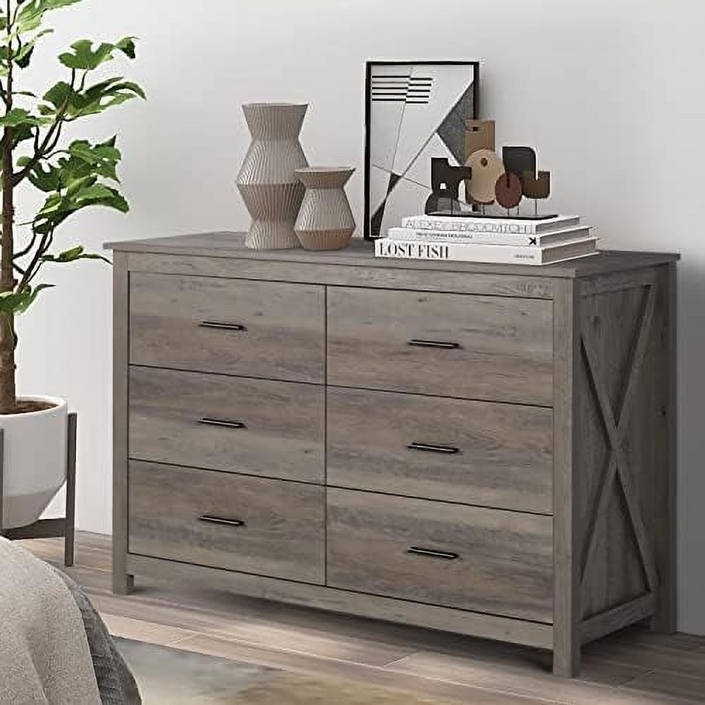 RUNFAYBIU  Dresser for Bedroom - Wooden Dresser with 6 Drawers  Double Dresser  Grey Oak  Drawer Cabinet  Chest of Drawer  Farmhouse Bedroom