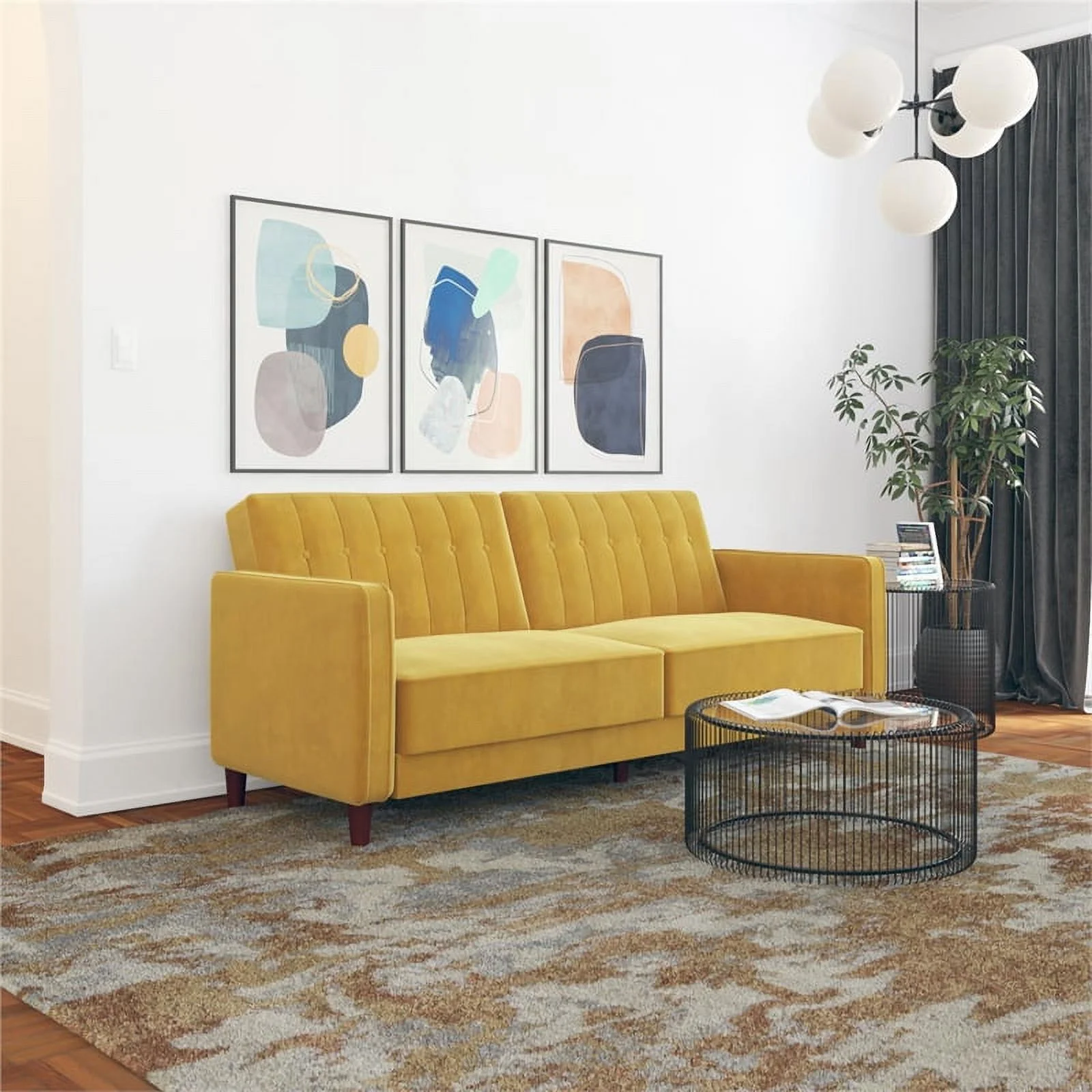 DHP Ivana Mid-Century Wood Tufted Transitional Velvet Futon in Mustard Yellow