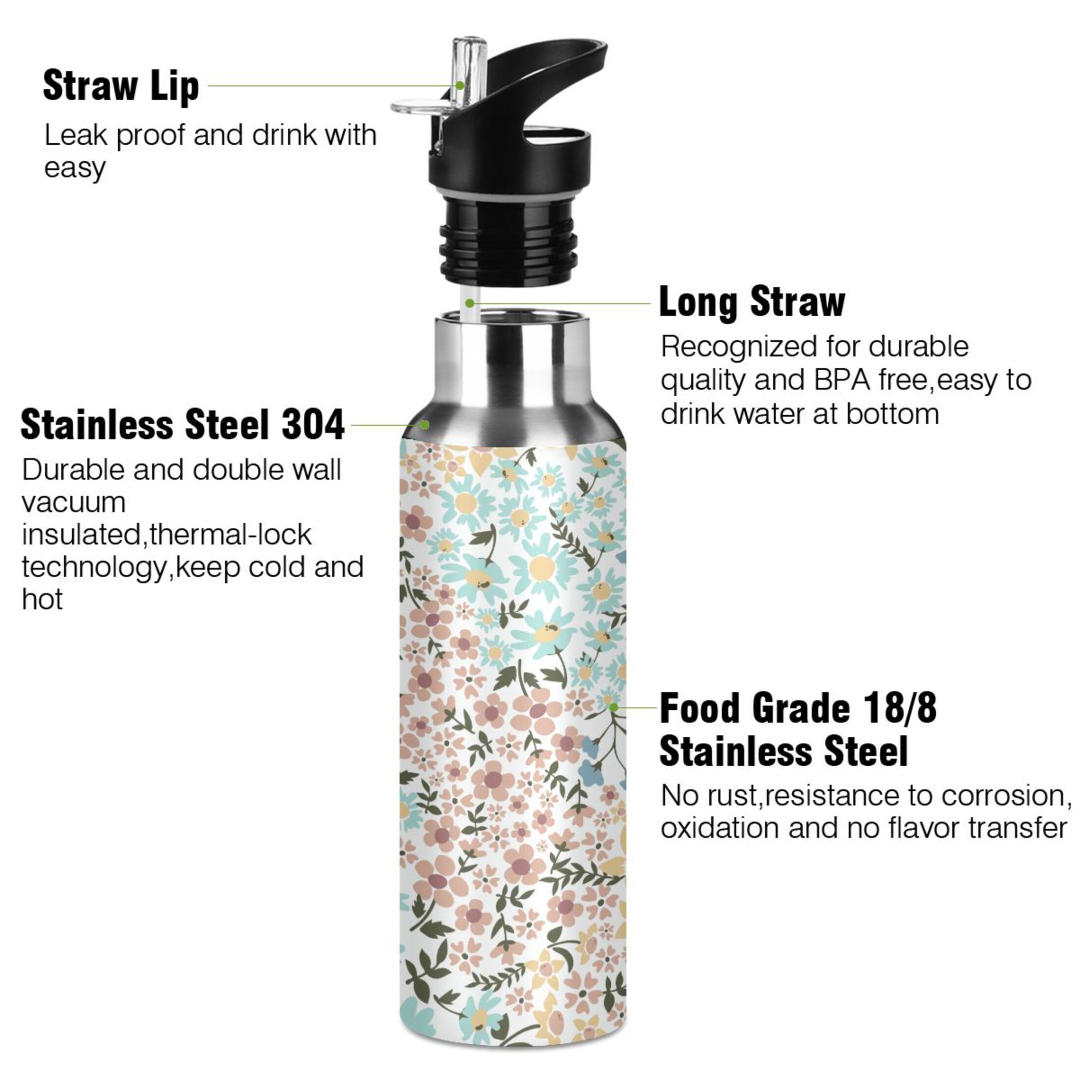 Water Bottle with Straw Lid Leak Floral Flowers Stainless Steel Insulated Thermos Vacuum Flask for Cold Hot Drinking for Sports Camping Gym Yoga