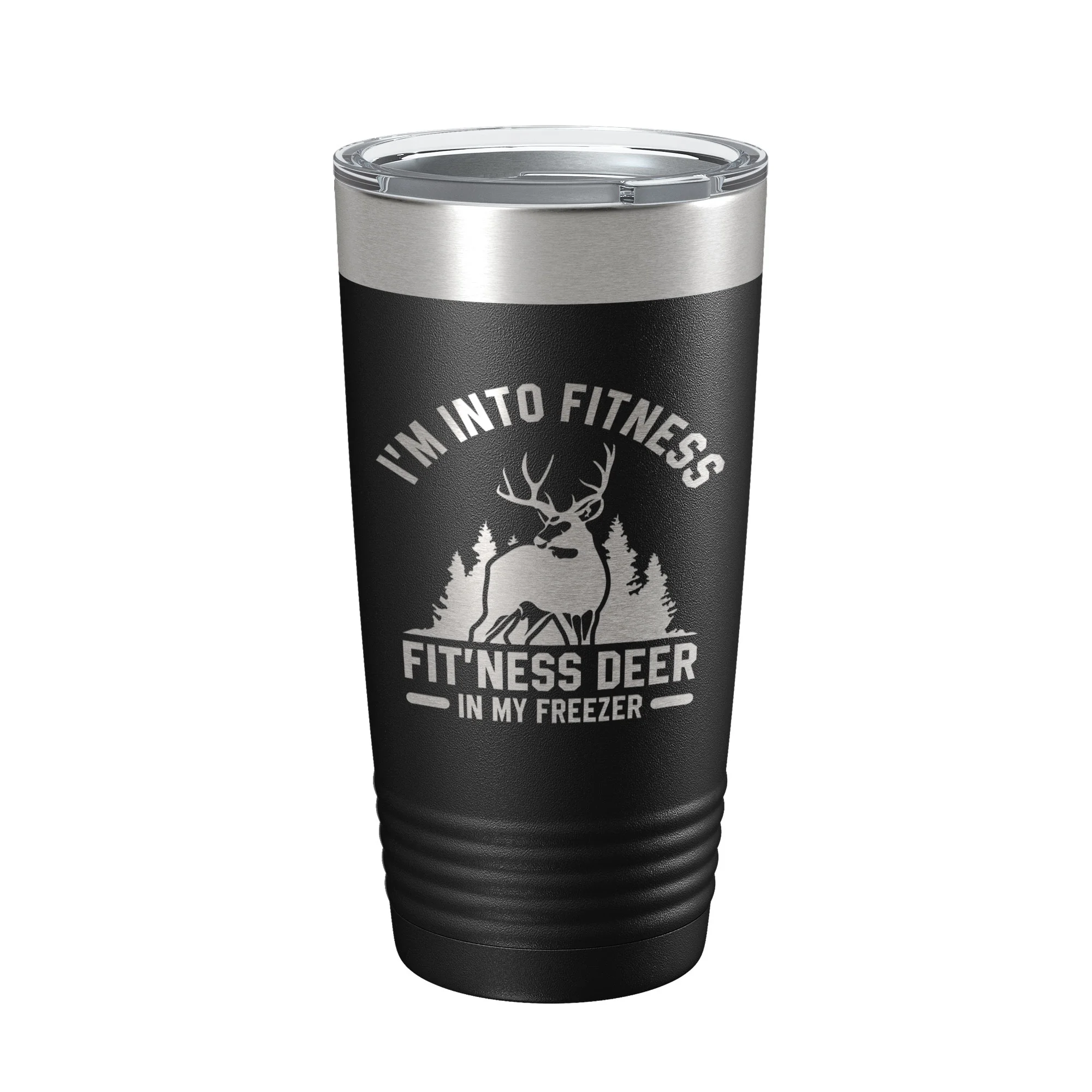 Deer Hunter Funny Tumbler Travel Mug I'm Into Fitness Fitting This Deer In My Freezer Insulated Laser Engraved Hunting Gift Coffee Cup 20 oz Black