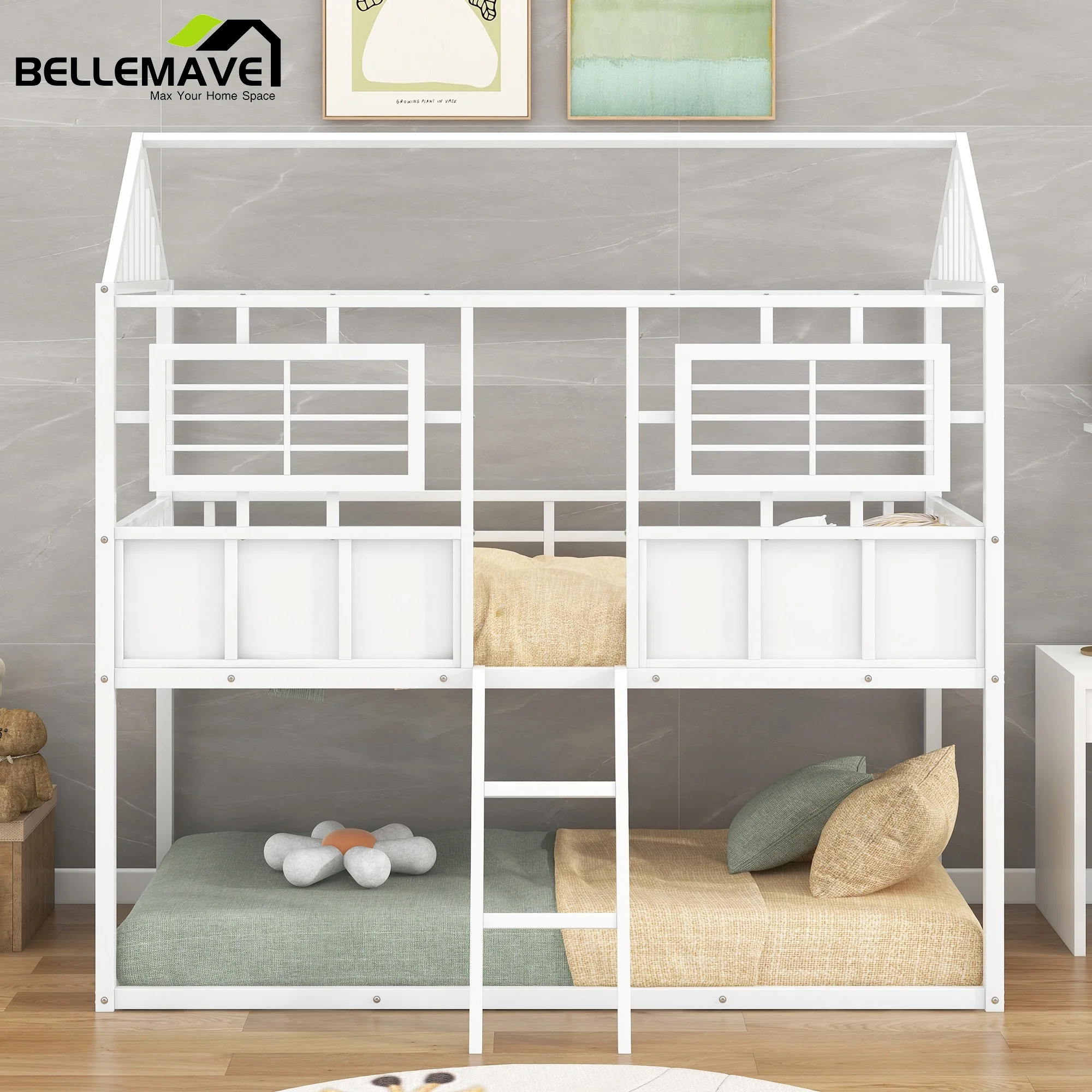 Bellemave White Twin over Twin Size Metal Bunk Bed with House Roof and Fence-shaped Guardrail for Kids Adult Child, Low Height Twin Size Kids House Bunk Bed with Inclined Ladder for Bedroom