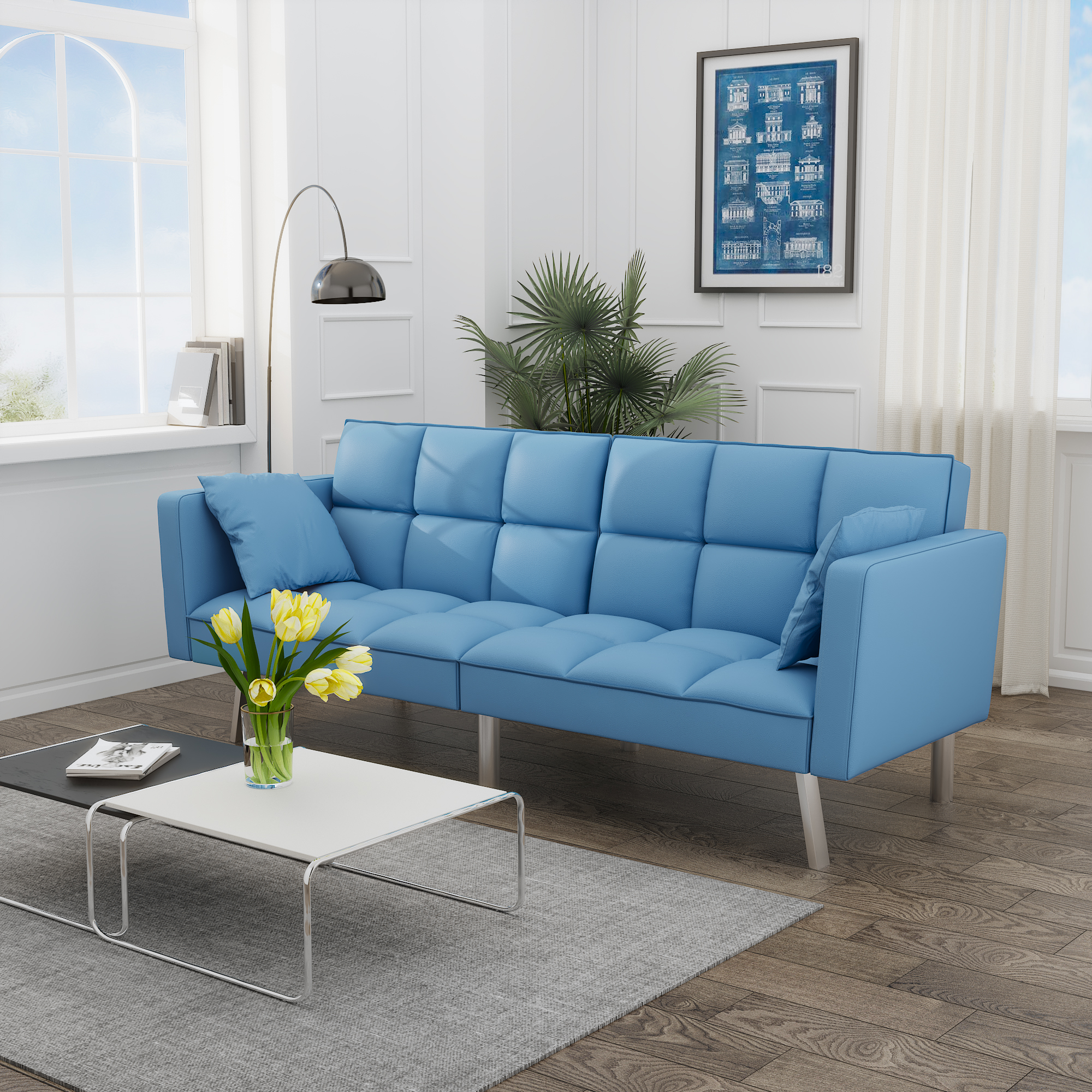 Loveseat Sofa Convertible Sofa Bed Sleeper PU leather Living Room Couches 2 Seating Chair with 2 Pillows Blue