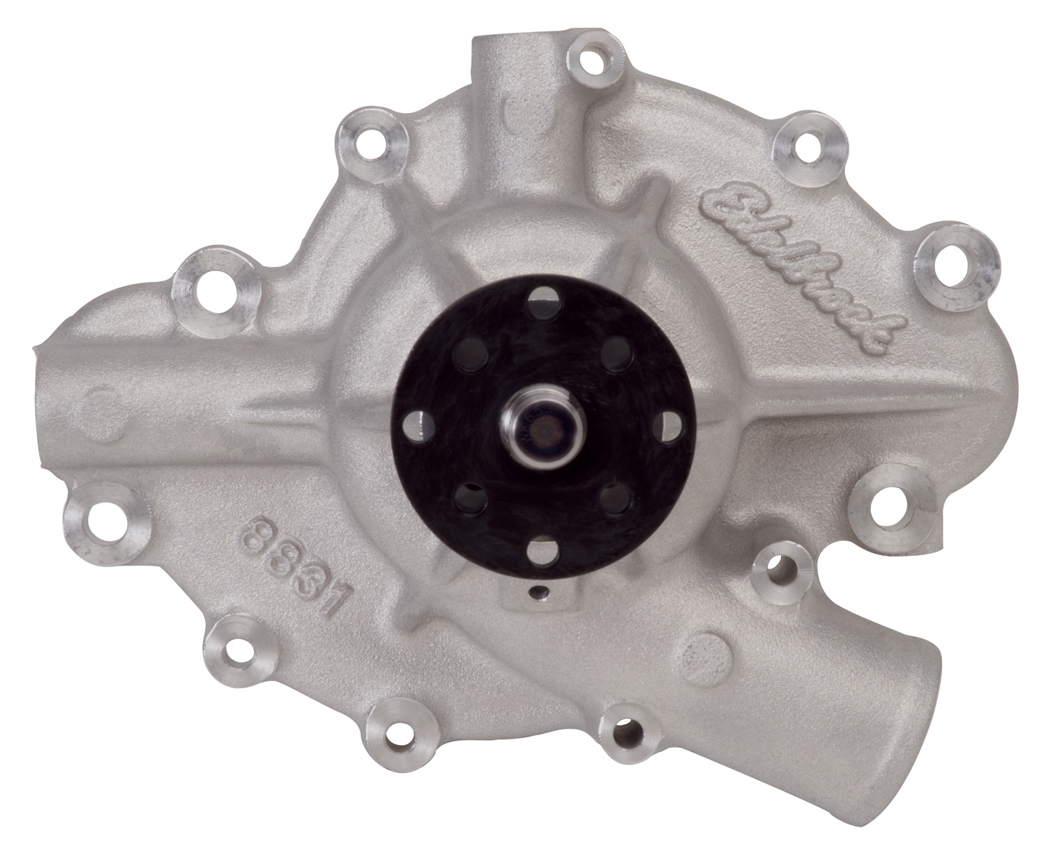 Edelbrock 8831 Victor Series Water Pump; Short-Style; Standard Rotation; 5/8 in. Pilot Shaft; 4 7/16 in. Block To Hub Height; 3/4 in. Ball/Ball Bearing; 1.80 in. Inlet; Satin Finish;
