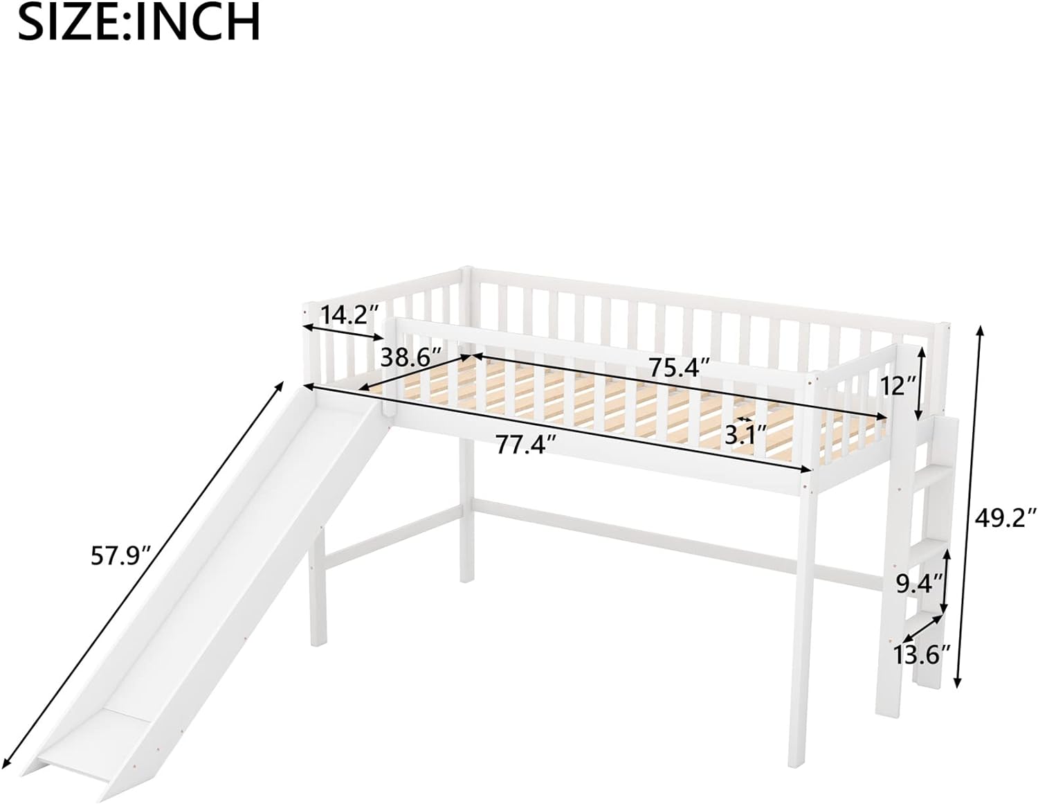Lof Bed Wih Slide Low Lof Beds Wih Ladder Ad Guardrails Wood Lof Bed For Kids,ees,o Box Sprig eeded,Whie