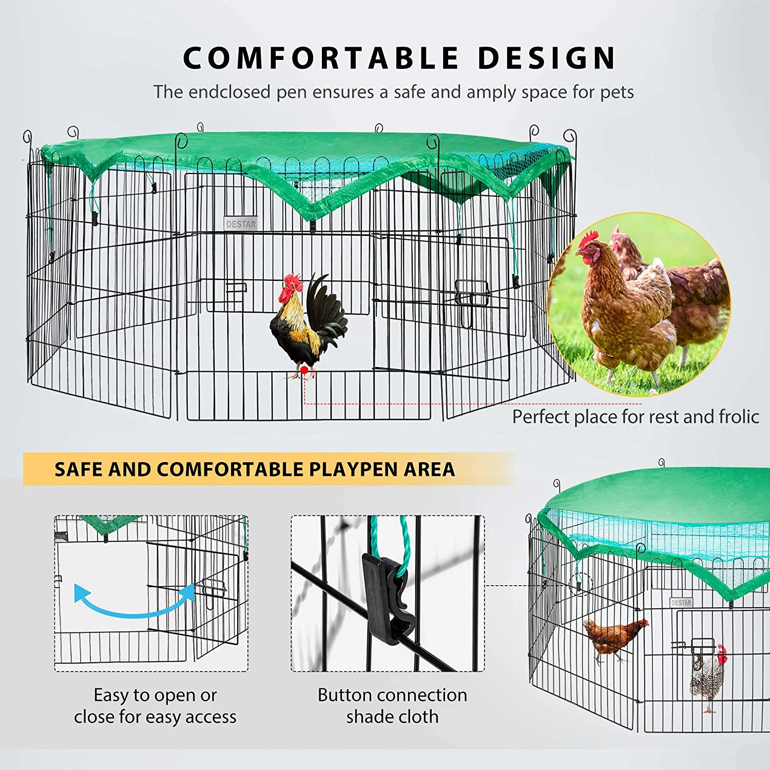 DESTAR 8 Panel Foldable Outdoor  Large Backyard Metal Coop Chicken Cage Enclosure Duck Rabbit Cat Crate Playpen Exercise Pen with Weather Proof Cover