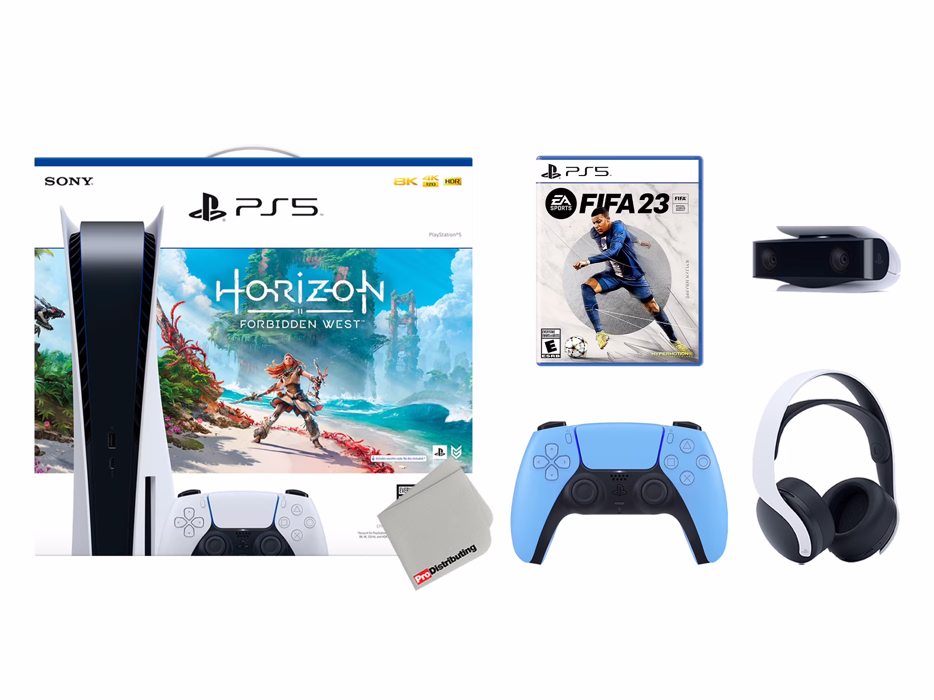 Sony Playstation 5 Disc Horizon Forbidden West Bundle with Extra Starlight Blue Controller, White PULSE 3D Headset, FIFA 23 and Camera