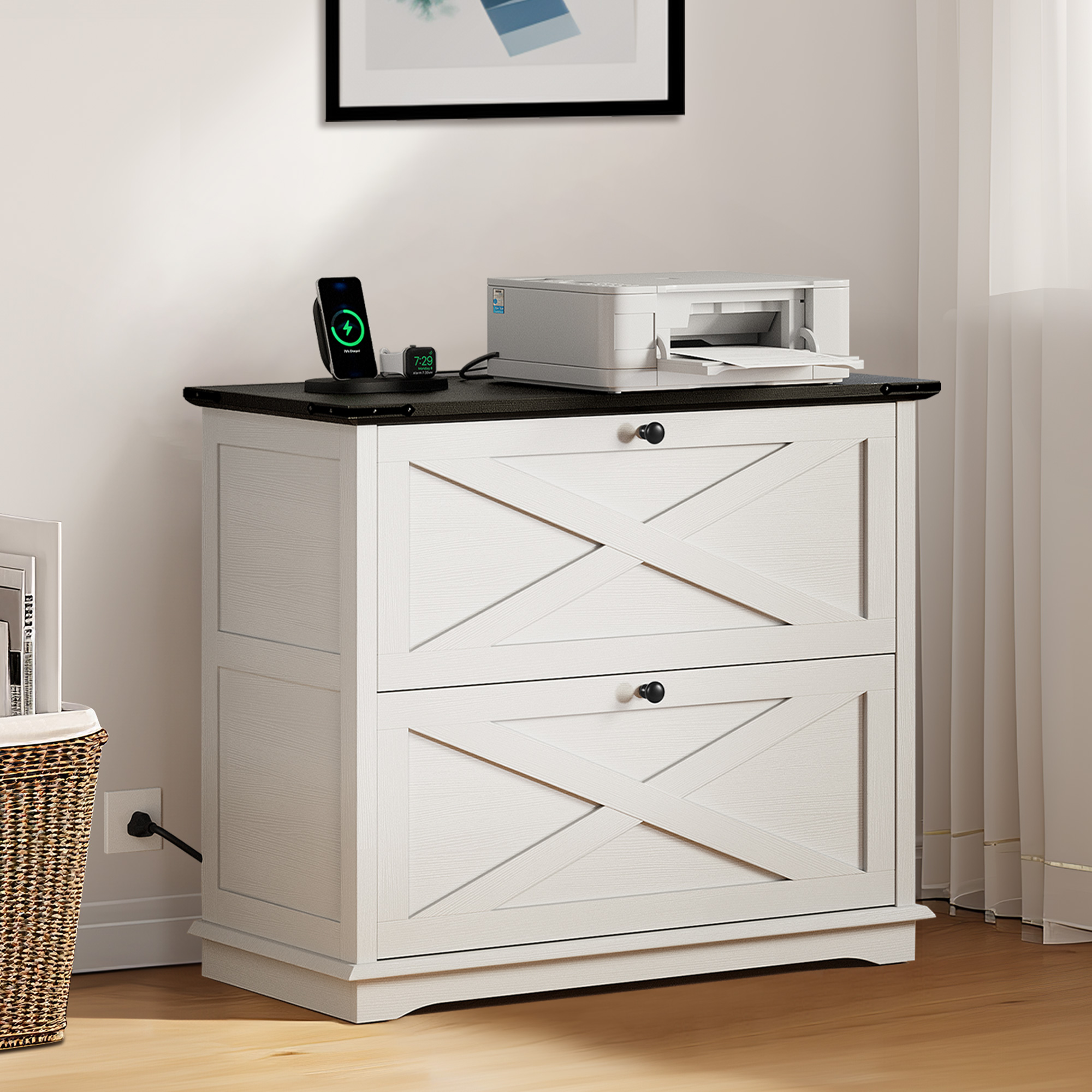 Dextrus Farmhouse Wood File Cabinet with Charging Station, 2 Drawer Filing Cabinet for Legal Letter A4 F4 Size for Home Office, White