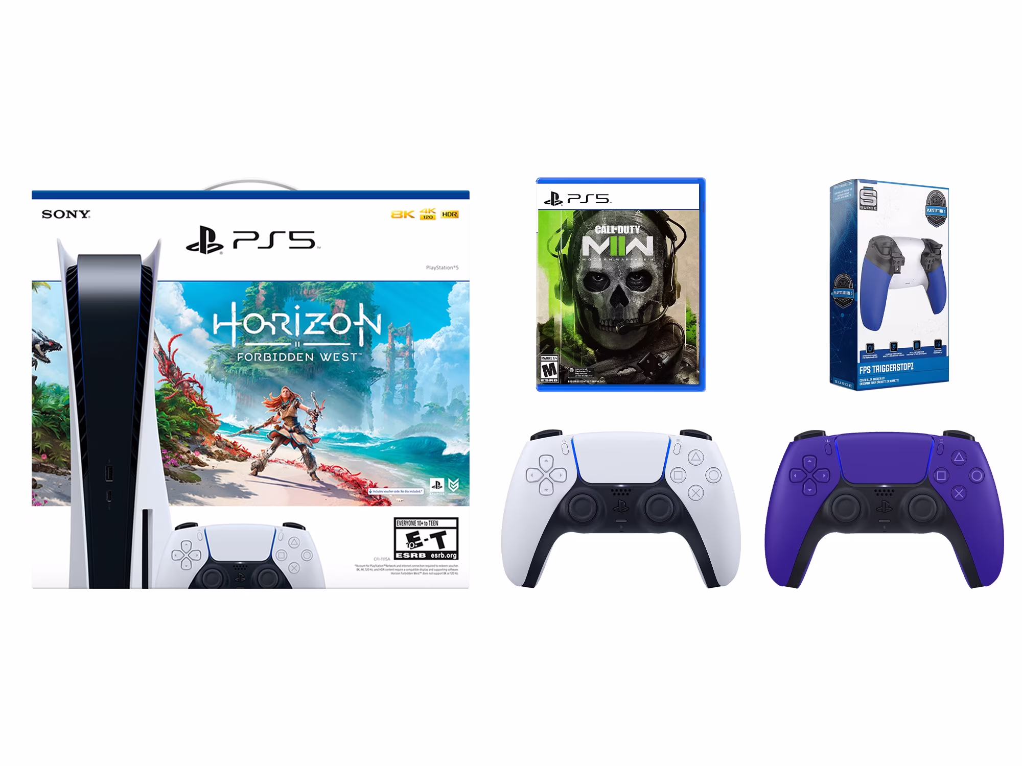 Sony Playstation 5 Disc Horizon Forbidden West Bundle with Extra Galactic Purple Controller, Call of Duty: Modern Warfare II and Surge Trigger Kit