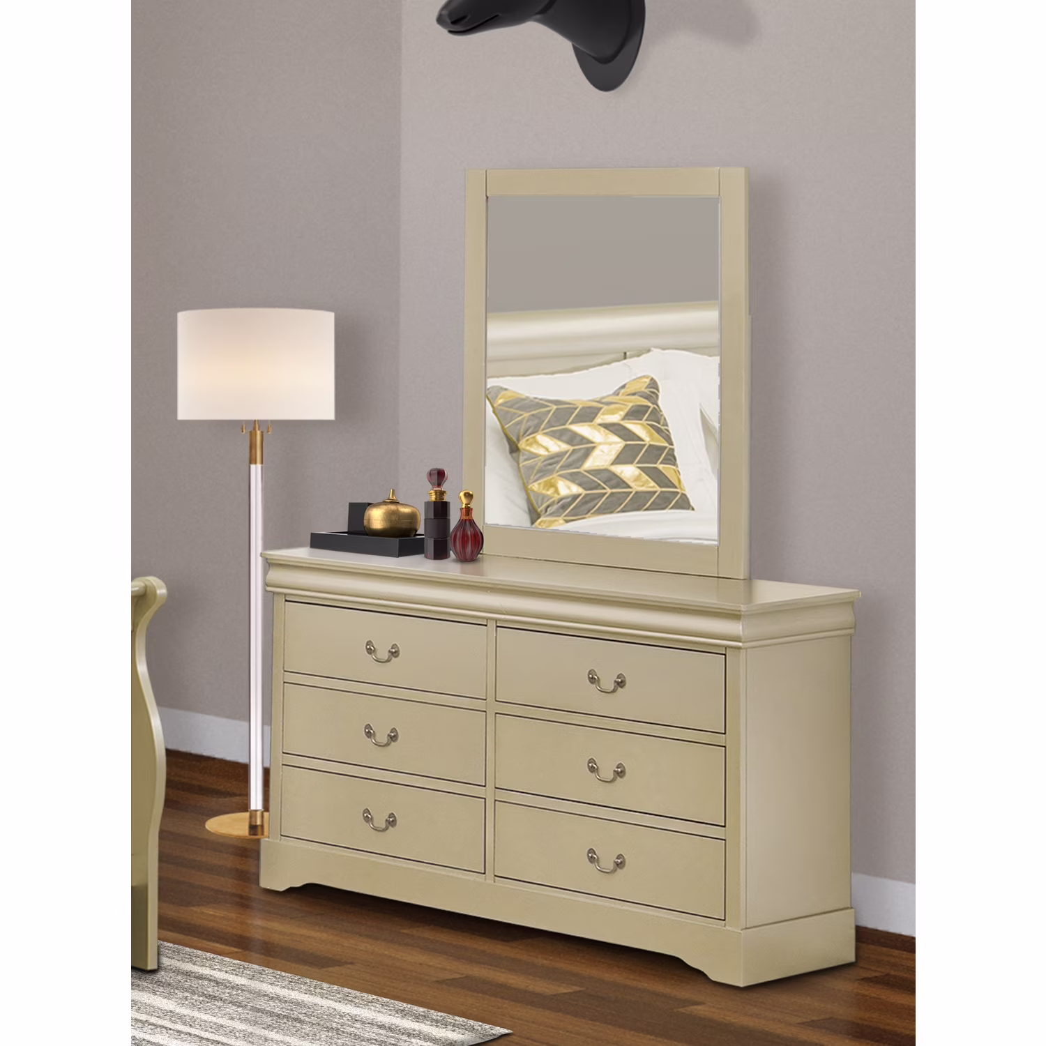 East West Furniture Louis Philippe Dresser and Mirror in Phillip Walnut Finish
