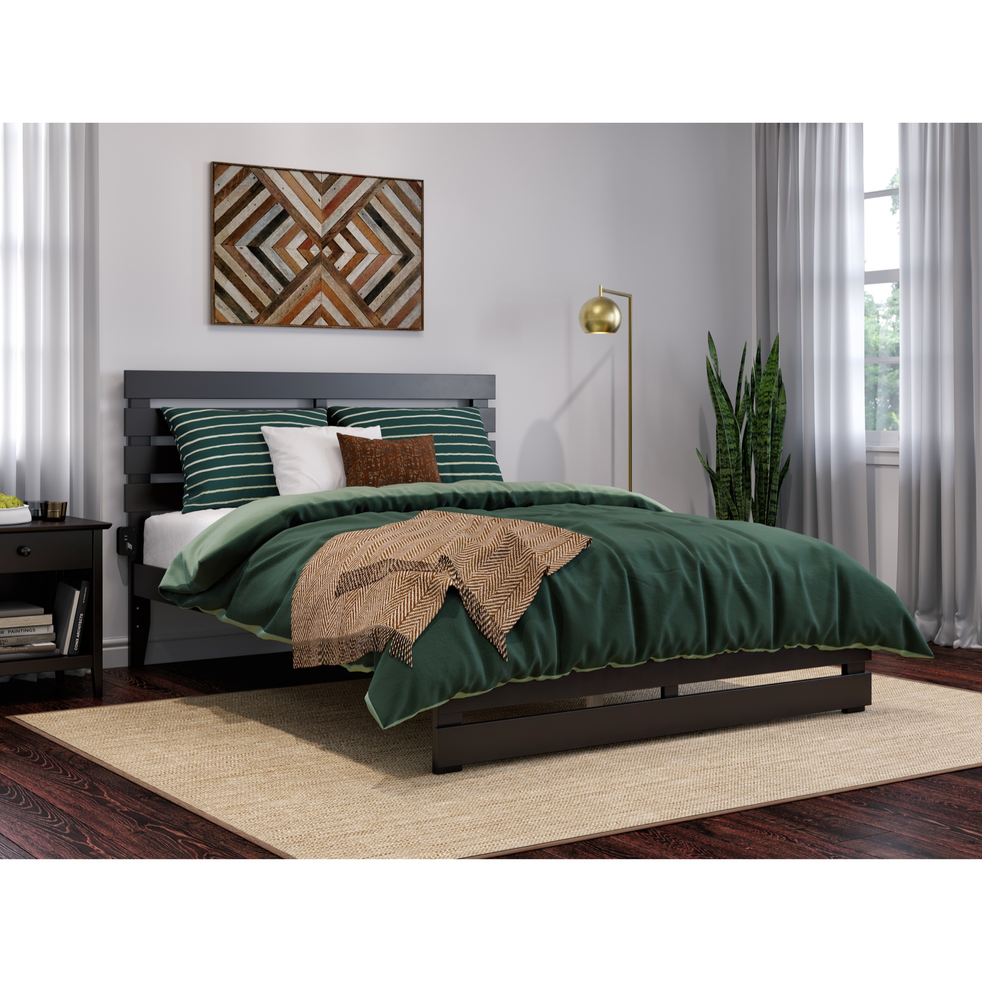 AFI Oxford Solid Wood Queen Bed with Footboard and USB Charger in Espresso