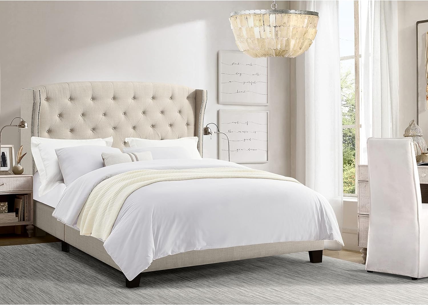 YGDU Padded Platform Bed Frame Bed French, Westerly Bed, Cardiff Bed with Nailhead Trimmed Wingback and Button-Tufted Upholstered Panel Headboard for Bedroom,King,Natural Beige