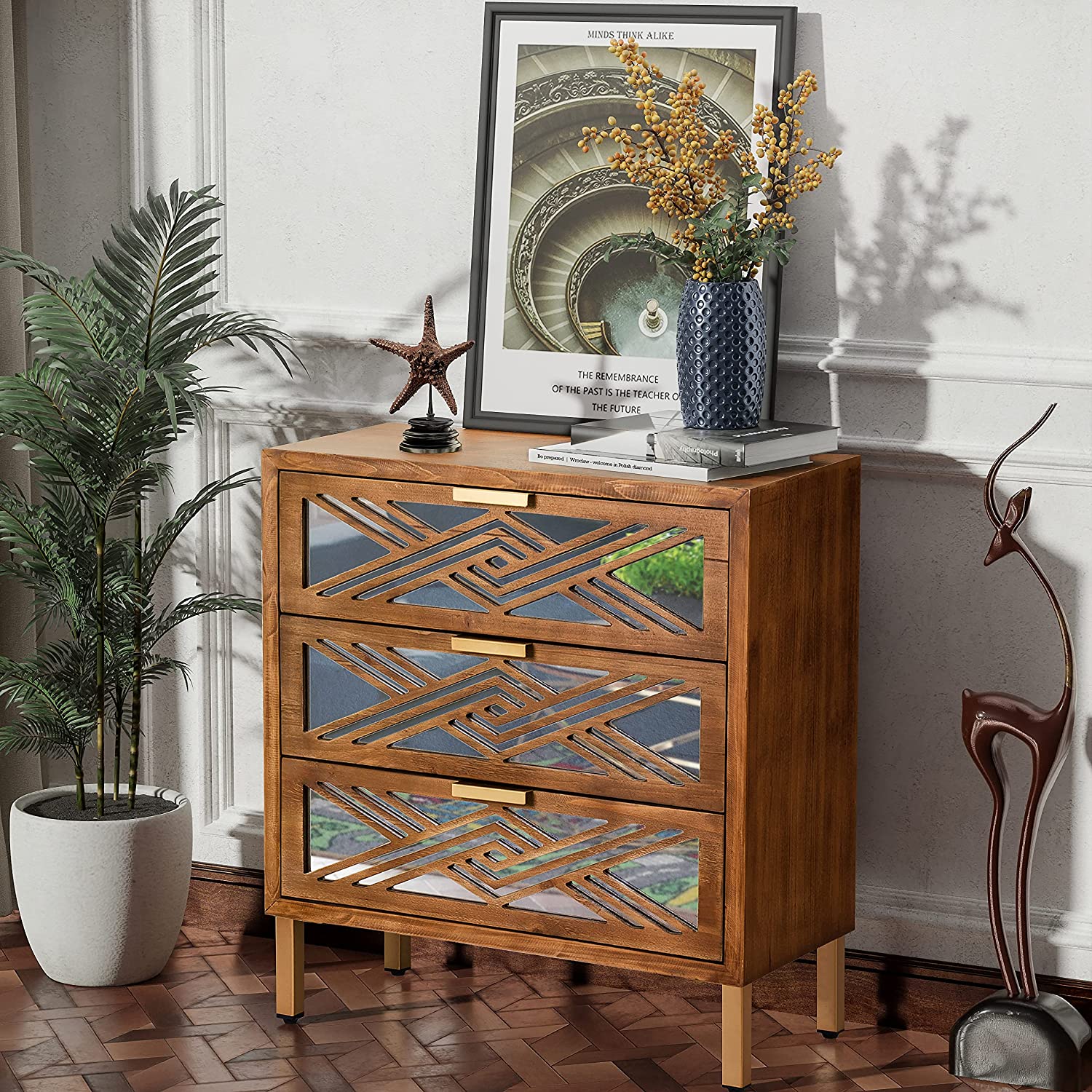 3-Drawer Accent Dresser with Mirror Fronts For Living Room, Modern Farmhouse Accent Chest Clean-Lined Silhouette