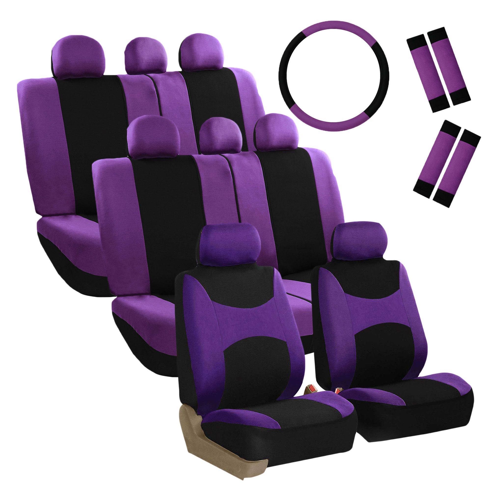 FH Group, 3 Row 8 Seater Purple Seat Covers Set w/ Steering / Belt Cover / Black Floor Mat