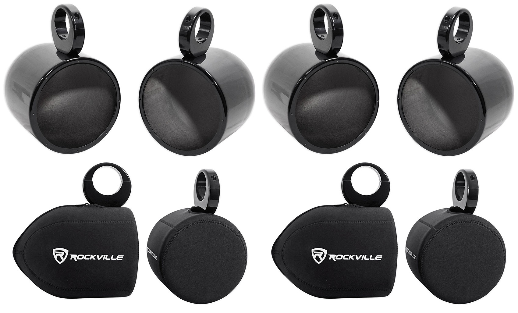 Pair Rockville MAC80B 7.7” Black Aluminum Wakeboard Tower Speaker Pods+ Covers