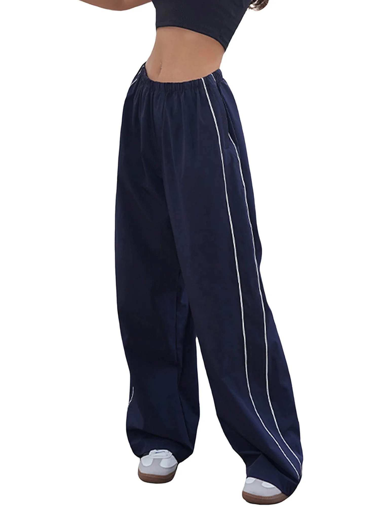 Womens Parachute Pants Cargo Trousers Elastic Waist Wide Leg Track Pants Y2k Clothing