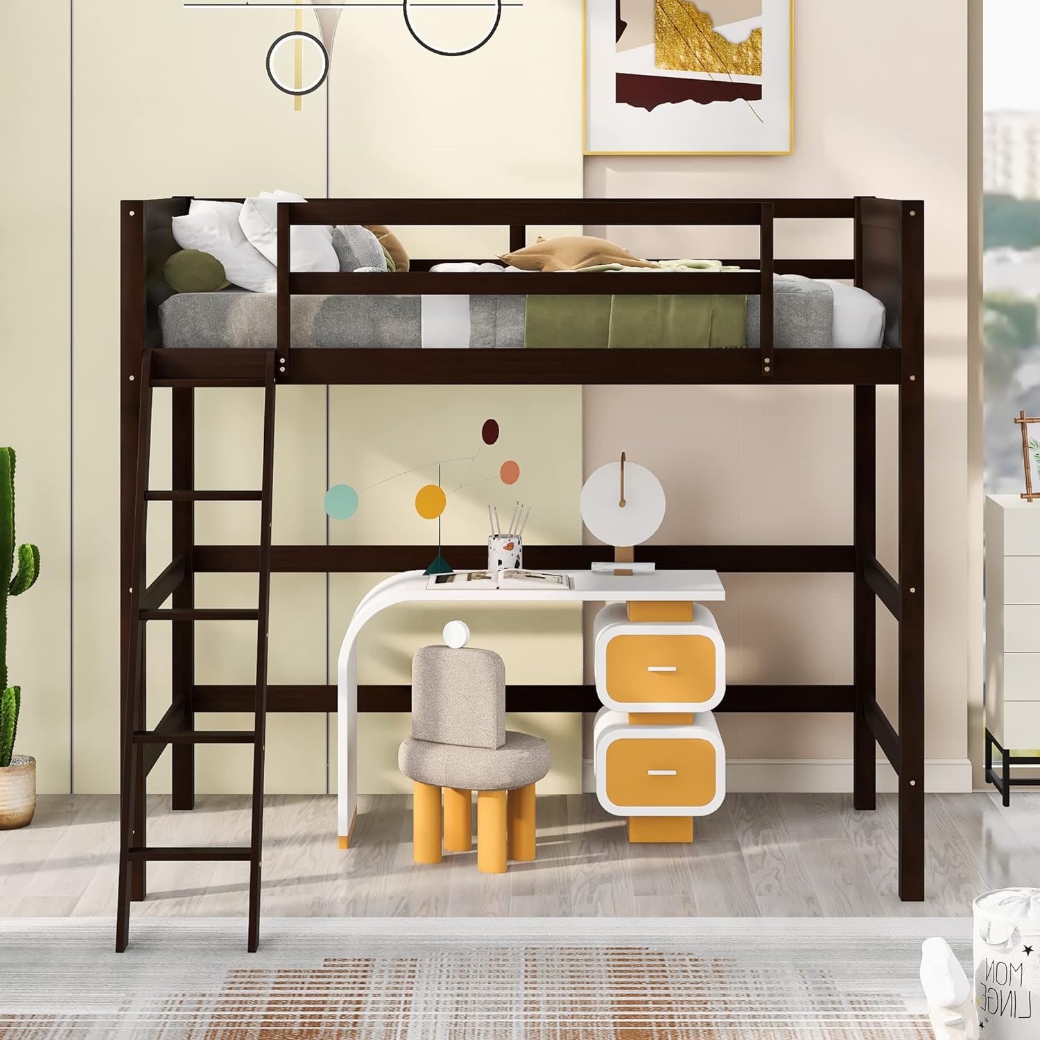 Loft Bed,Wooden Loft Bed With Angled Ladder For Kids,Teens, Espresso