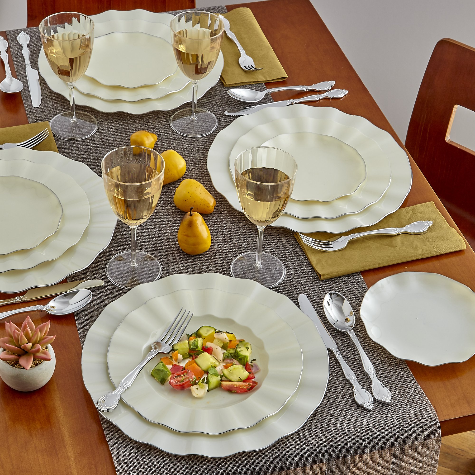 DISPOSABLE SALAD PLATES | 20 pc | Heavy Duty Plastic Dishes | Elegant Fine China Look | Veil - Ivory (8.75”)
