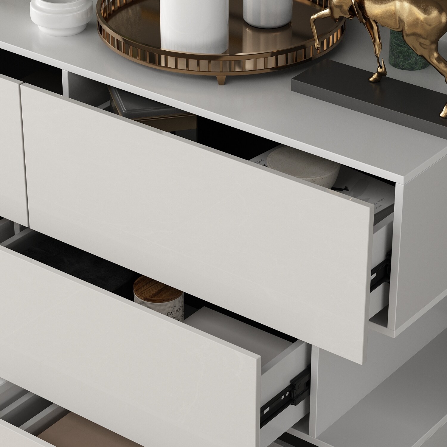 6 Drawers Dresser High Gloss Dresser Chest Off-Set Design Buffet White