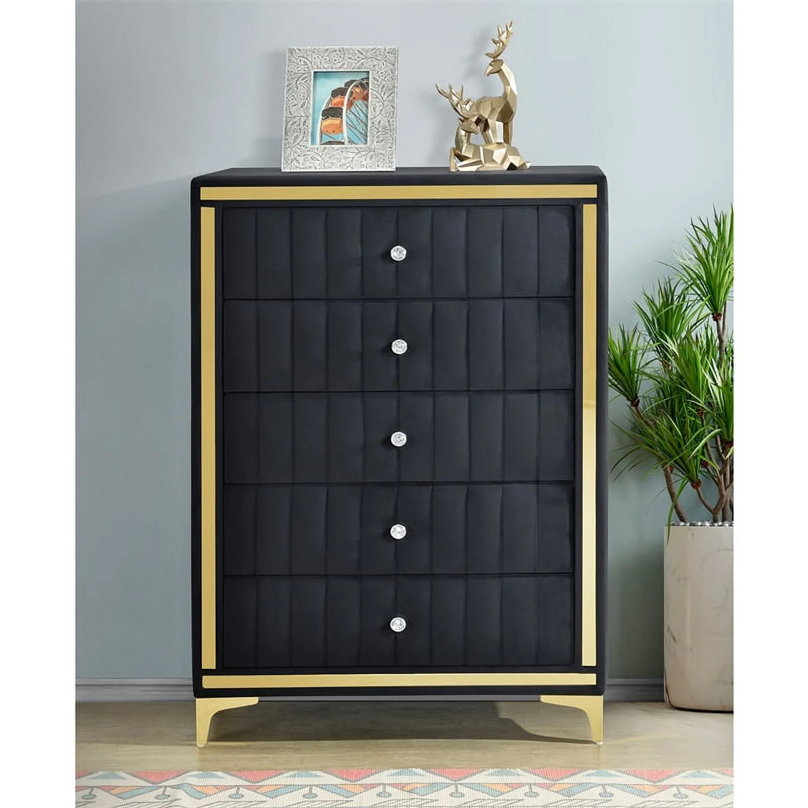 Better Home Products Monique Velvet Upholstered 5-Drawer Chest in Black