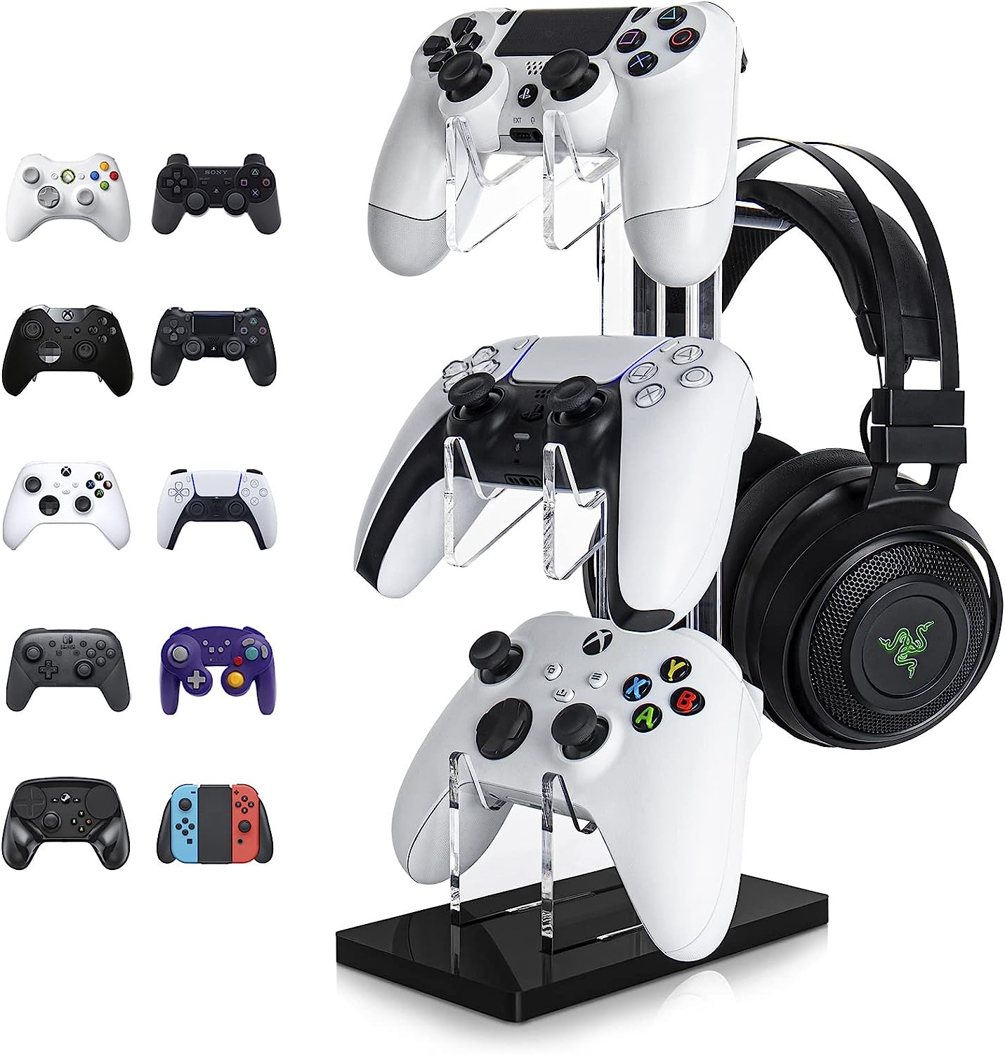 Boluotou Universal 3 Tier Controller Stand and Headset Stand for Xbox ONE X Switch PS4 PS5 PC, Controller Holder Gaming Accessories, Build Your Game Fortresses (Clear)