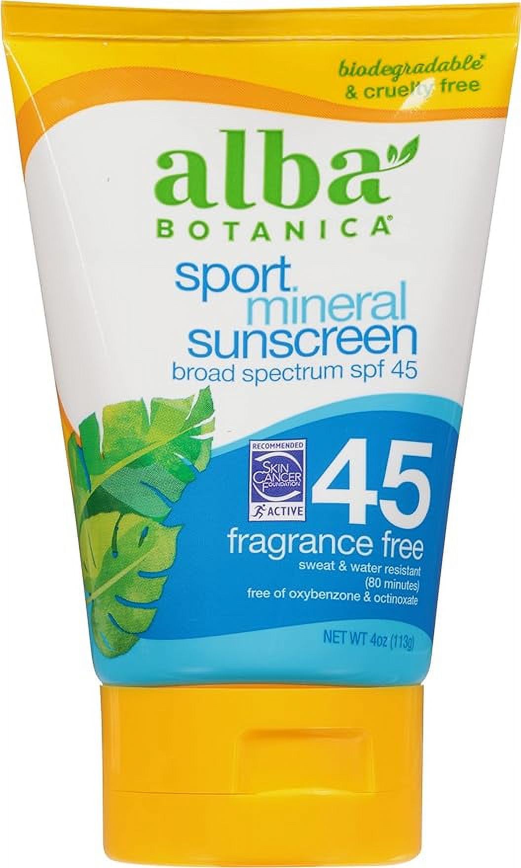 Alba Botanica Sunscreen for Face and Body, Sport Mineral Sunscreen Lotion, Broad Spectrum SPF 45, Water Resistant and Fragrance-Free, 4 fl. oz. Tube