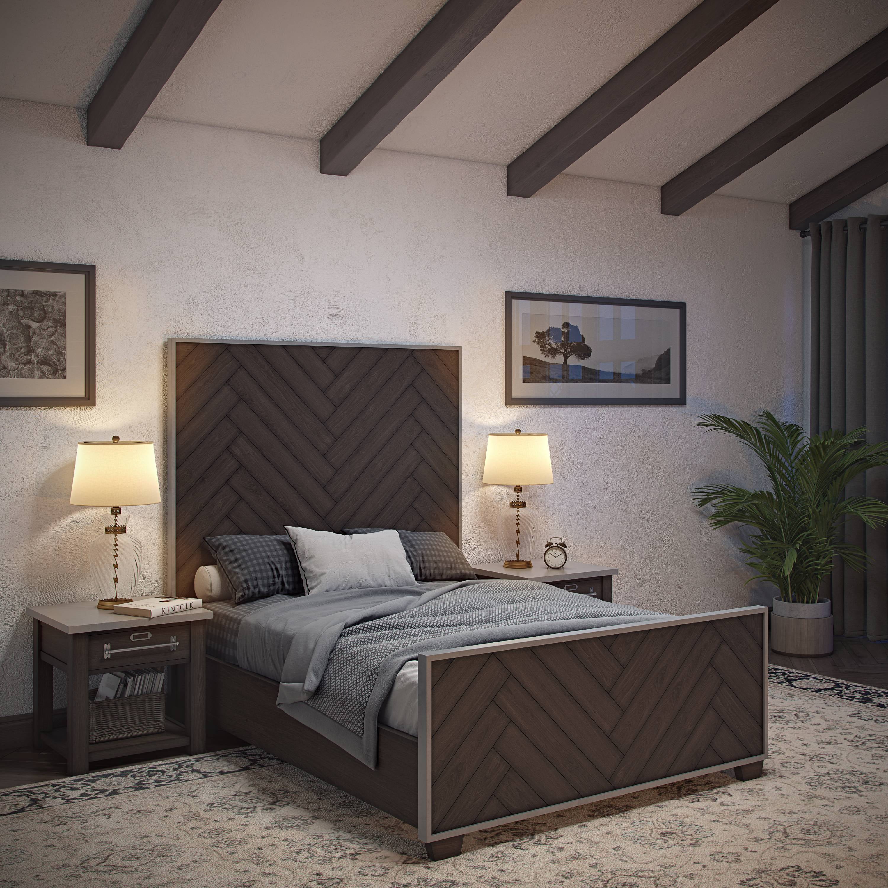 HomeFare Modern Farmhouse Metal Frame King Headboard Dark Oak