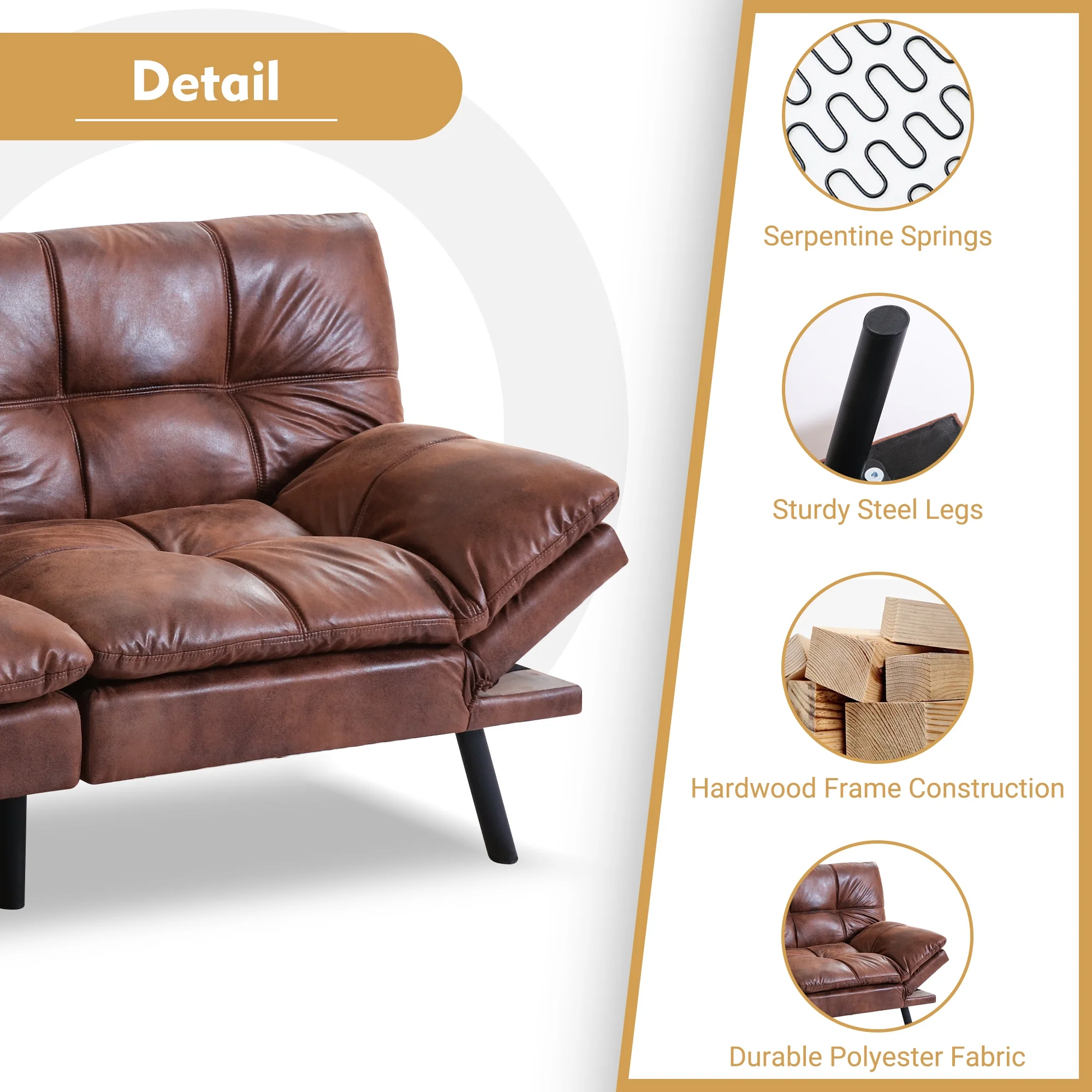 Airdown Sofa, with Armrests And Metal Legs, Convertible Futon Sofa Bed, Brown