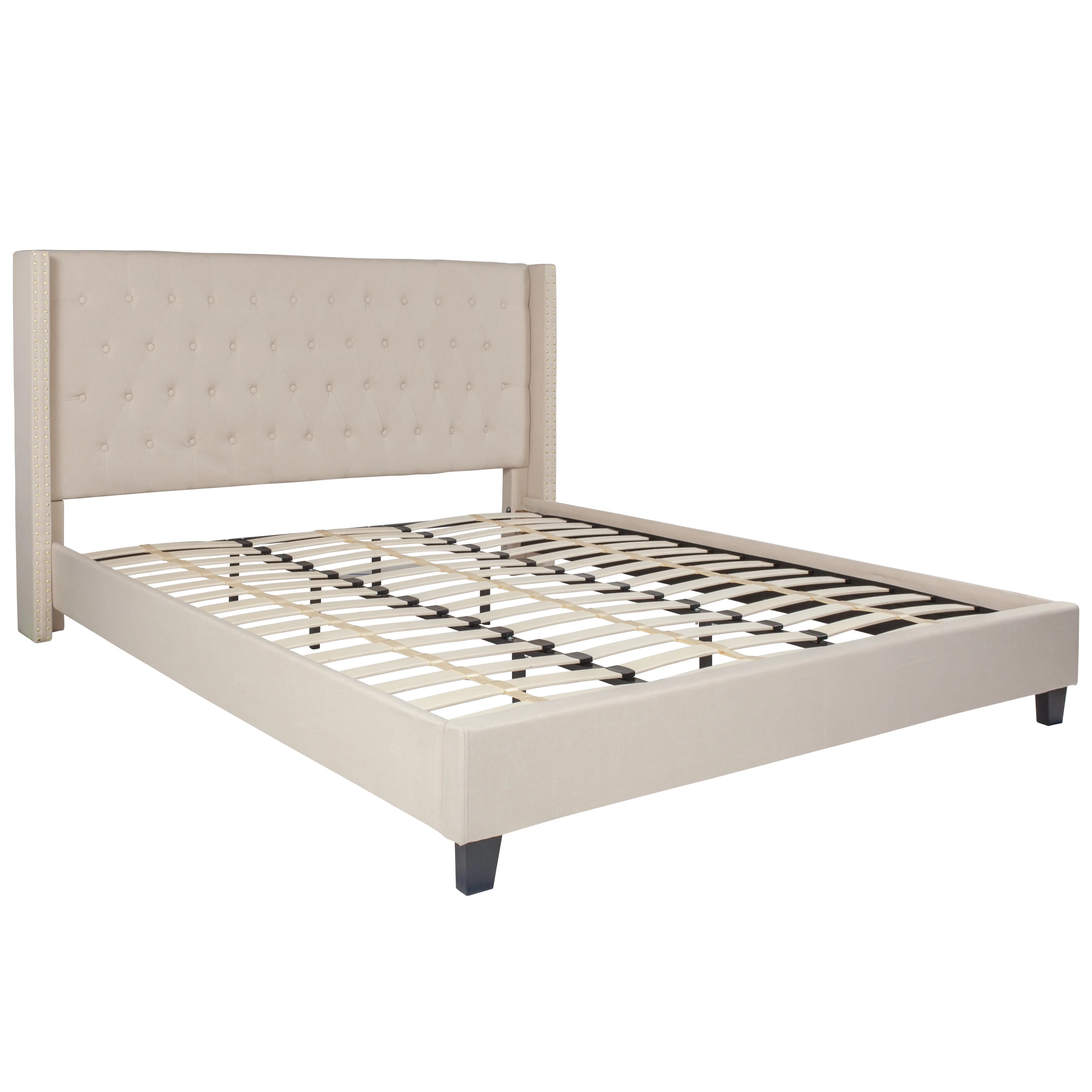 BizChair King Size Tufted Upholstered Platform Bed with Accent Nail Trimmed Extended Sides in Beige Fabric