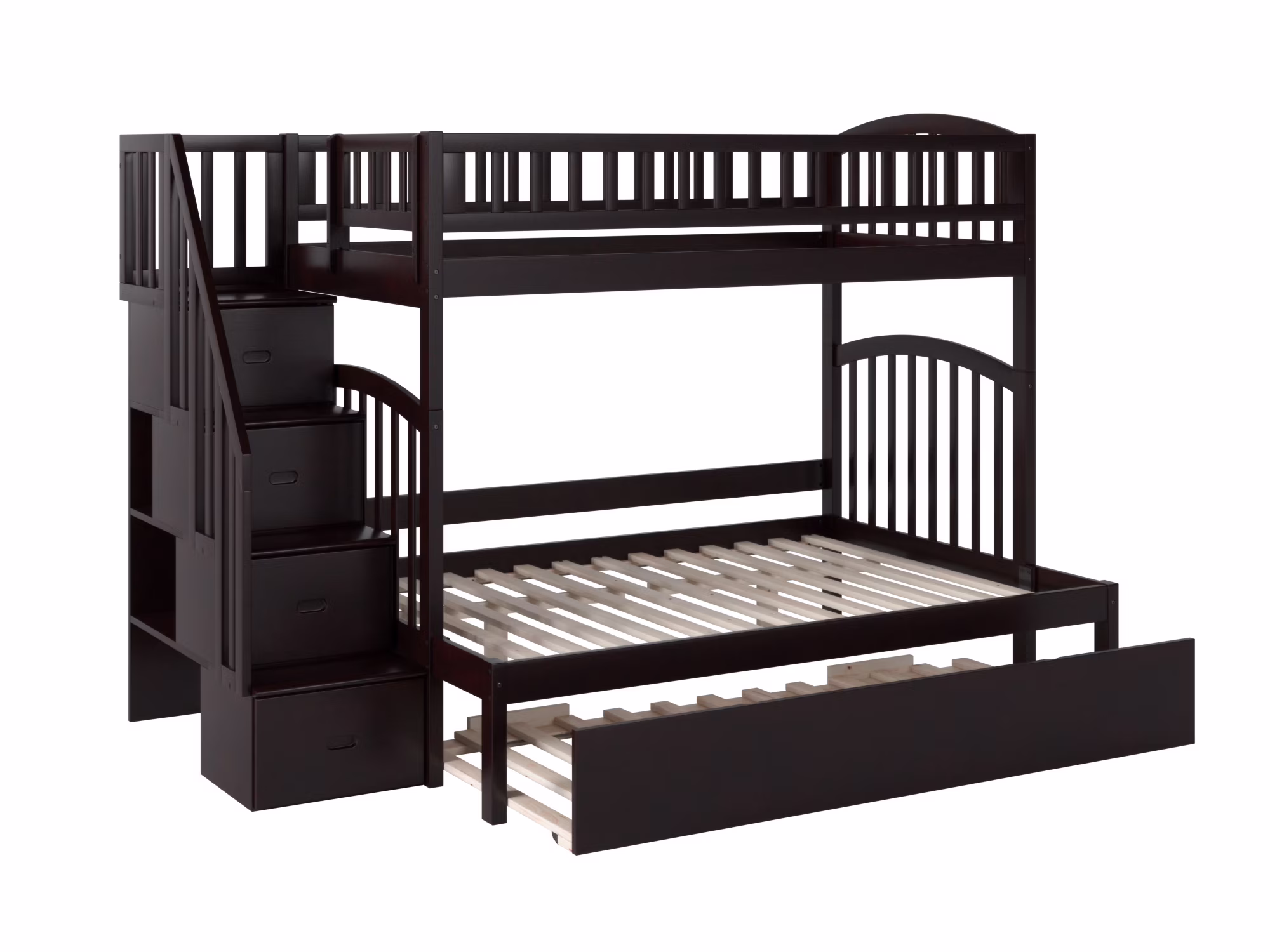 Westbrook Staircase Bunk Twin over Full with Full Size Urban Trundle Bed in Espresso