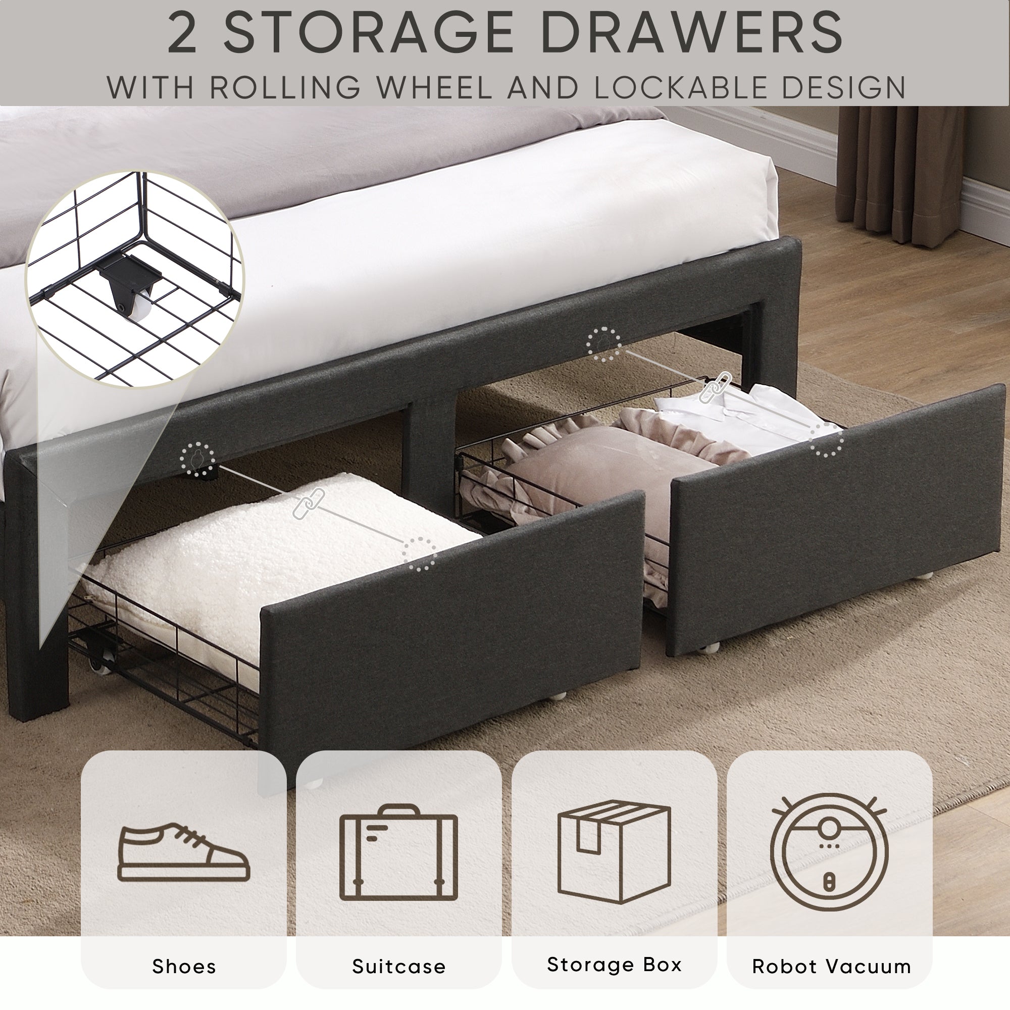 Craven Fukk Size Bed Frame with 2 Storage Drawers - Dark Gray