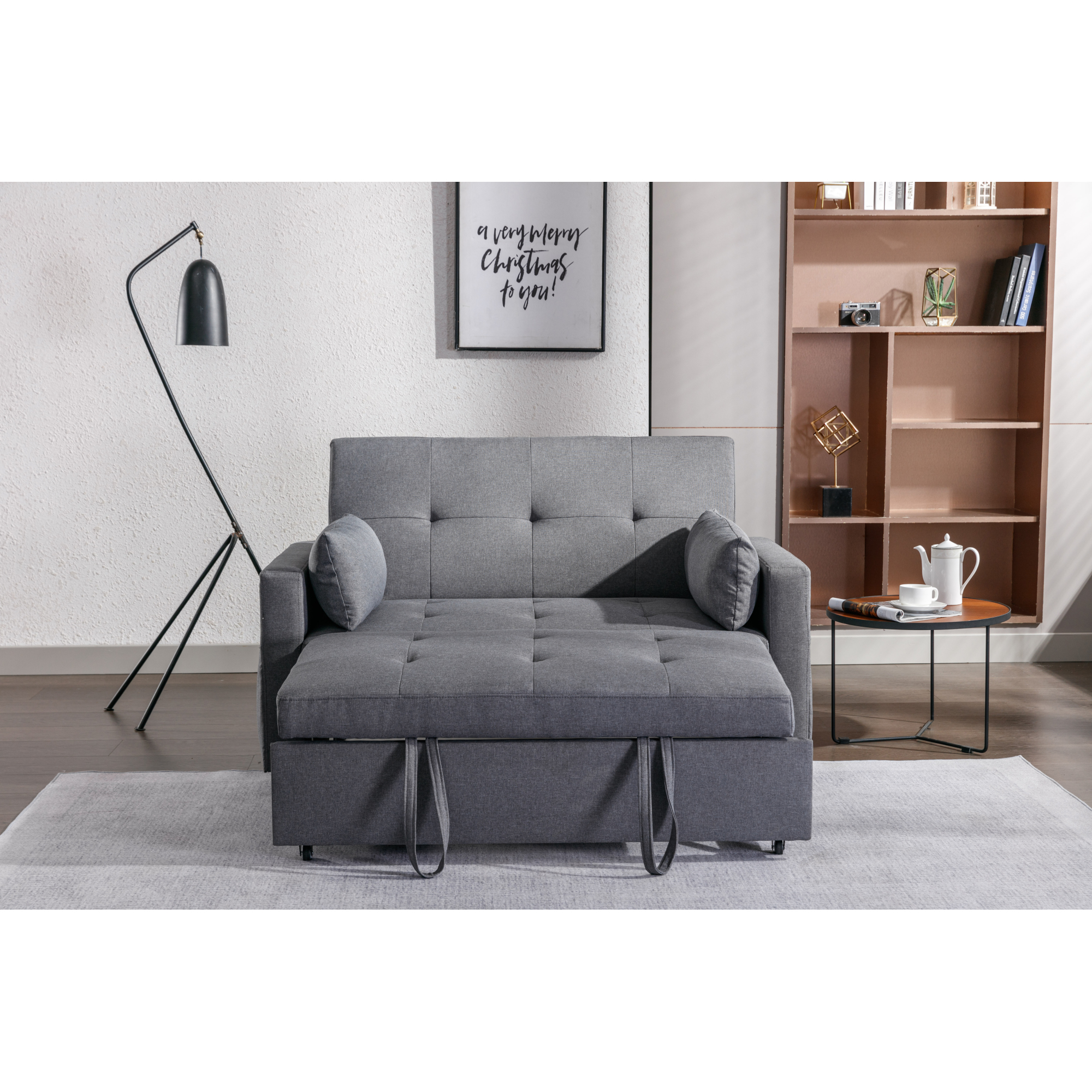 2 Seaters Slepper Sofa Bed.Dark Grey Linen Fabric 3-in-1 Convertible Sleeper Loveseat with Side Pocket.