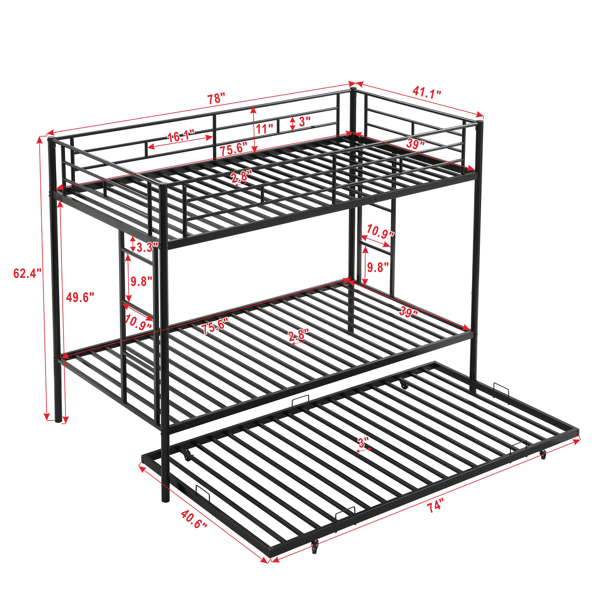 Twin over Twin Bunk Bed with Trundle, Black