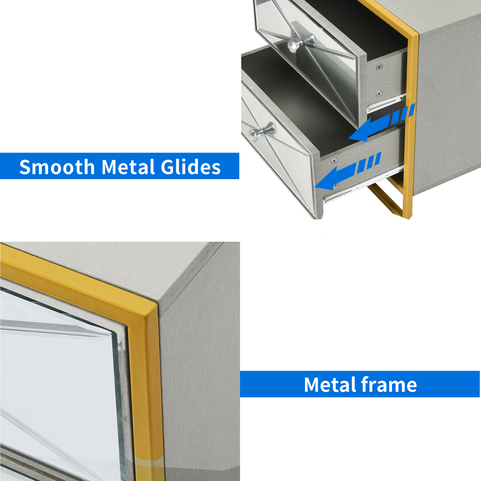 Dextrus Mirrored Nightstand 2 Drawer Modern Mirror End Table, Silver Finished Bedside Table for Bedroom, Living Room, Gold Frame, 1PC