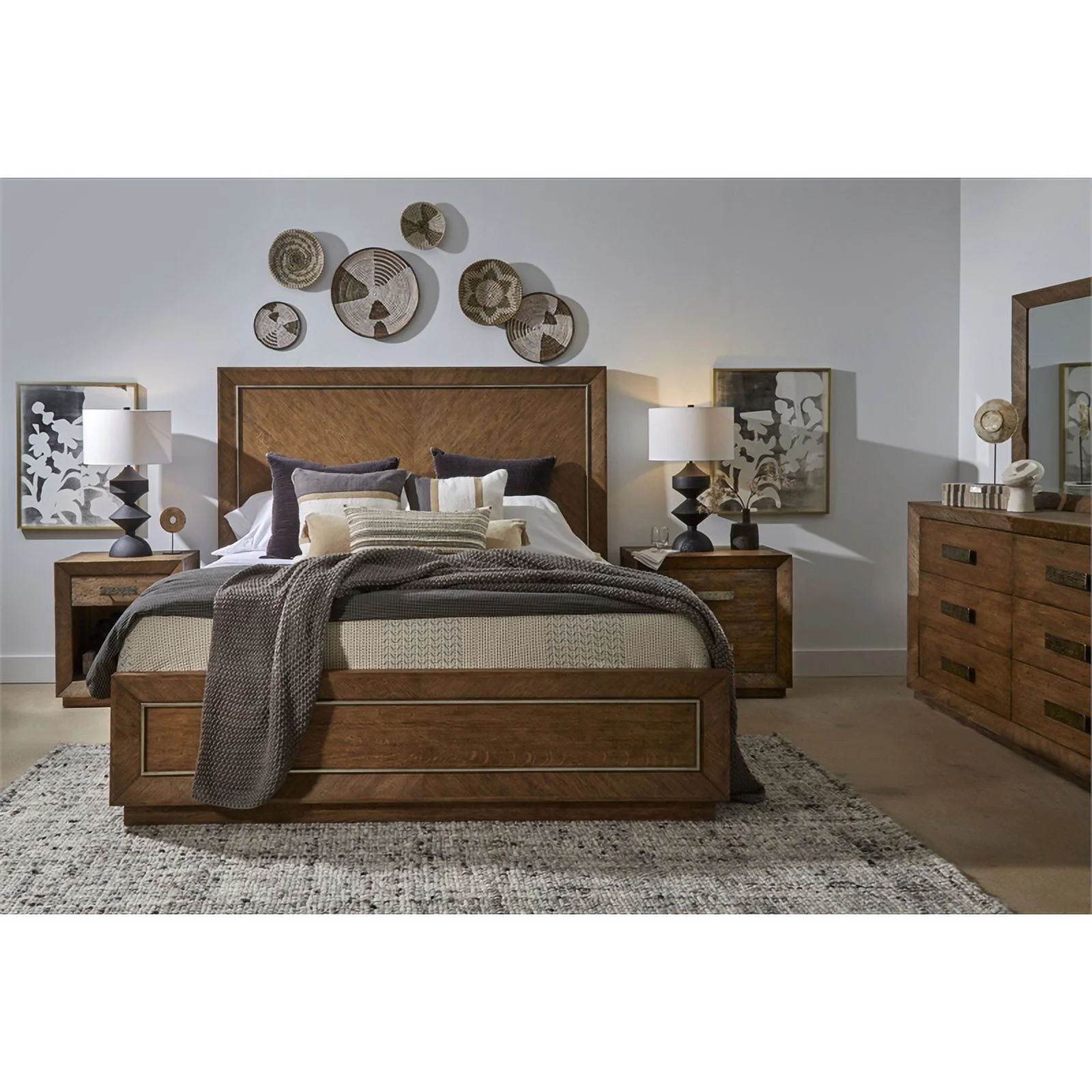 Maddie Home Solid Wood and Veneer King Panel Bed in Brown/Silver
