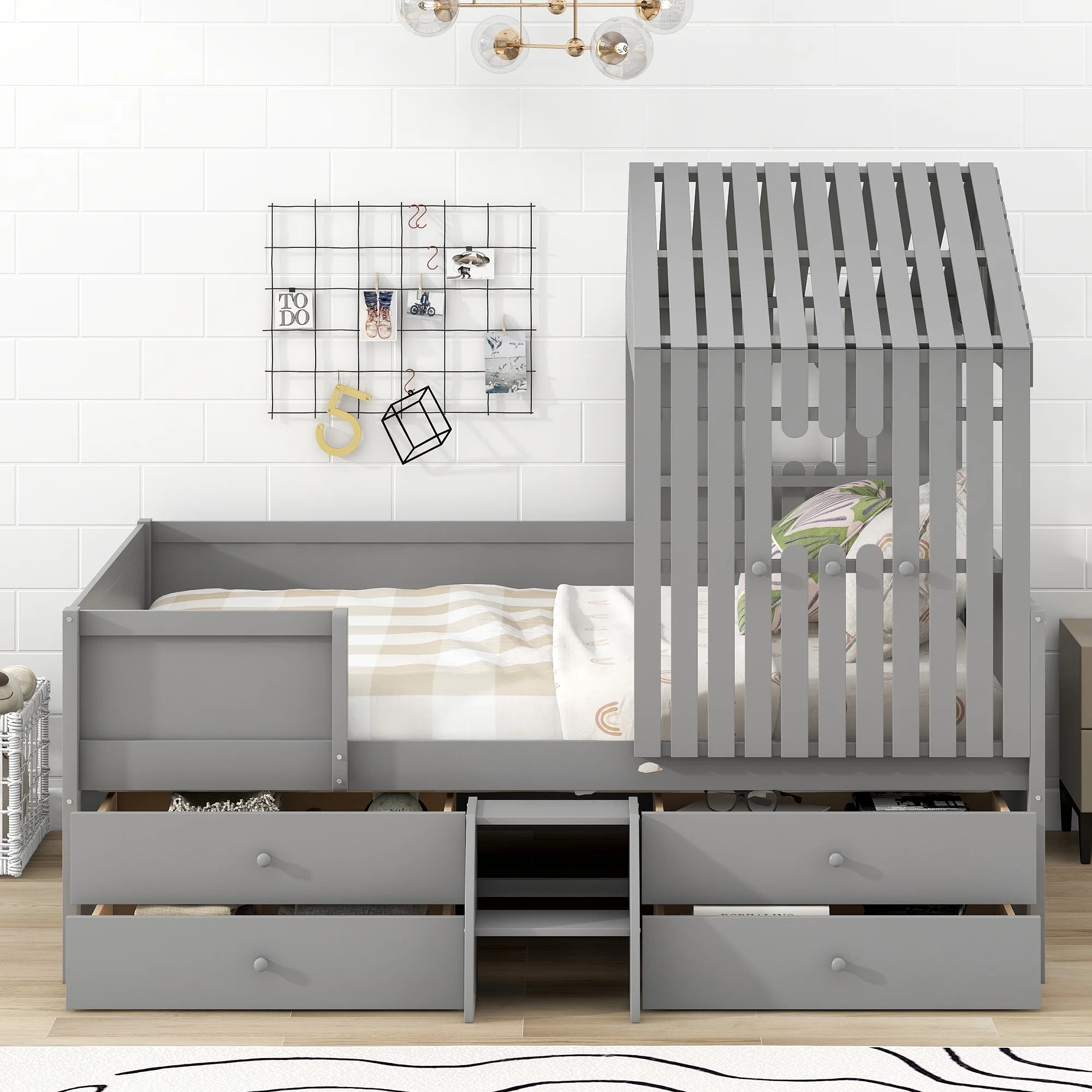 CoSoTower Full Size House Low Loft Bed with Four Drawers,Gray
