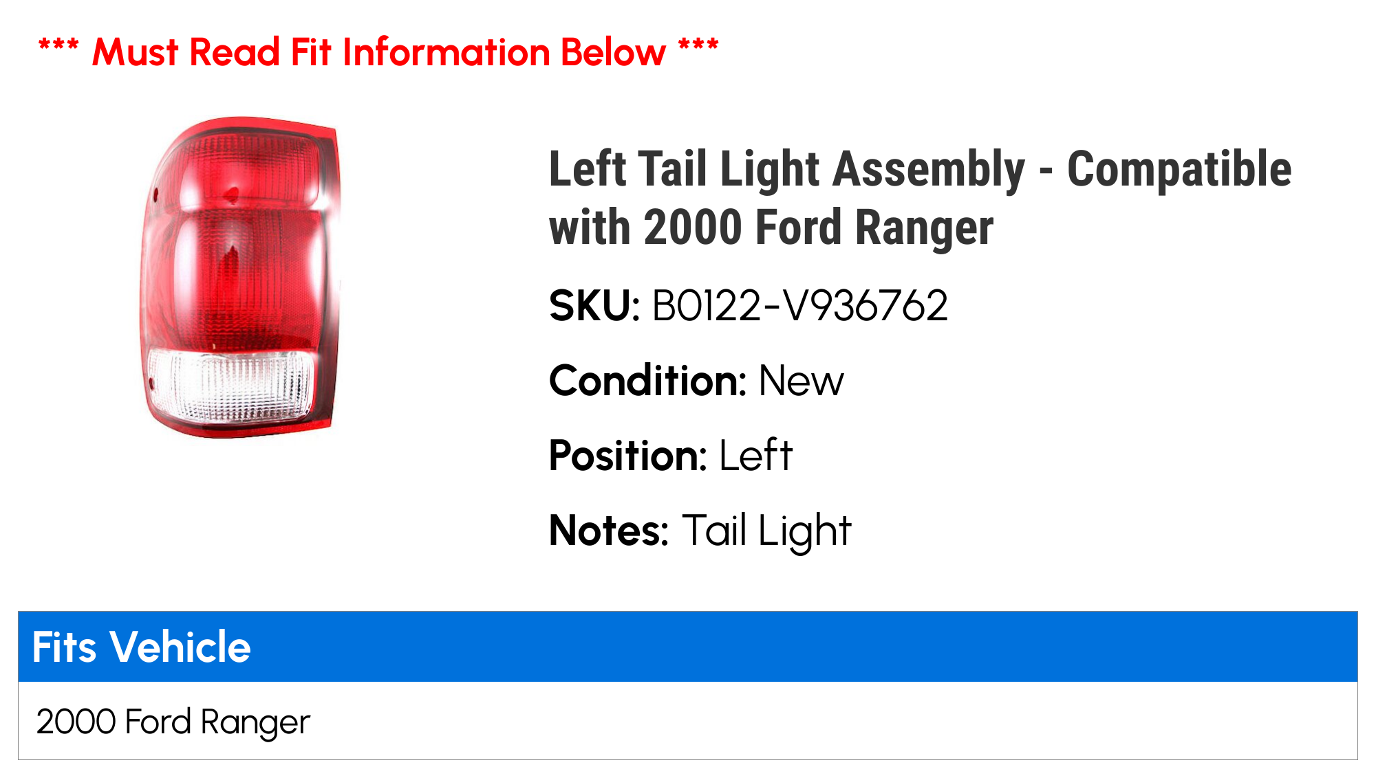 Left Tail Light Assembly - Compatible with 2000 Ford Ranger