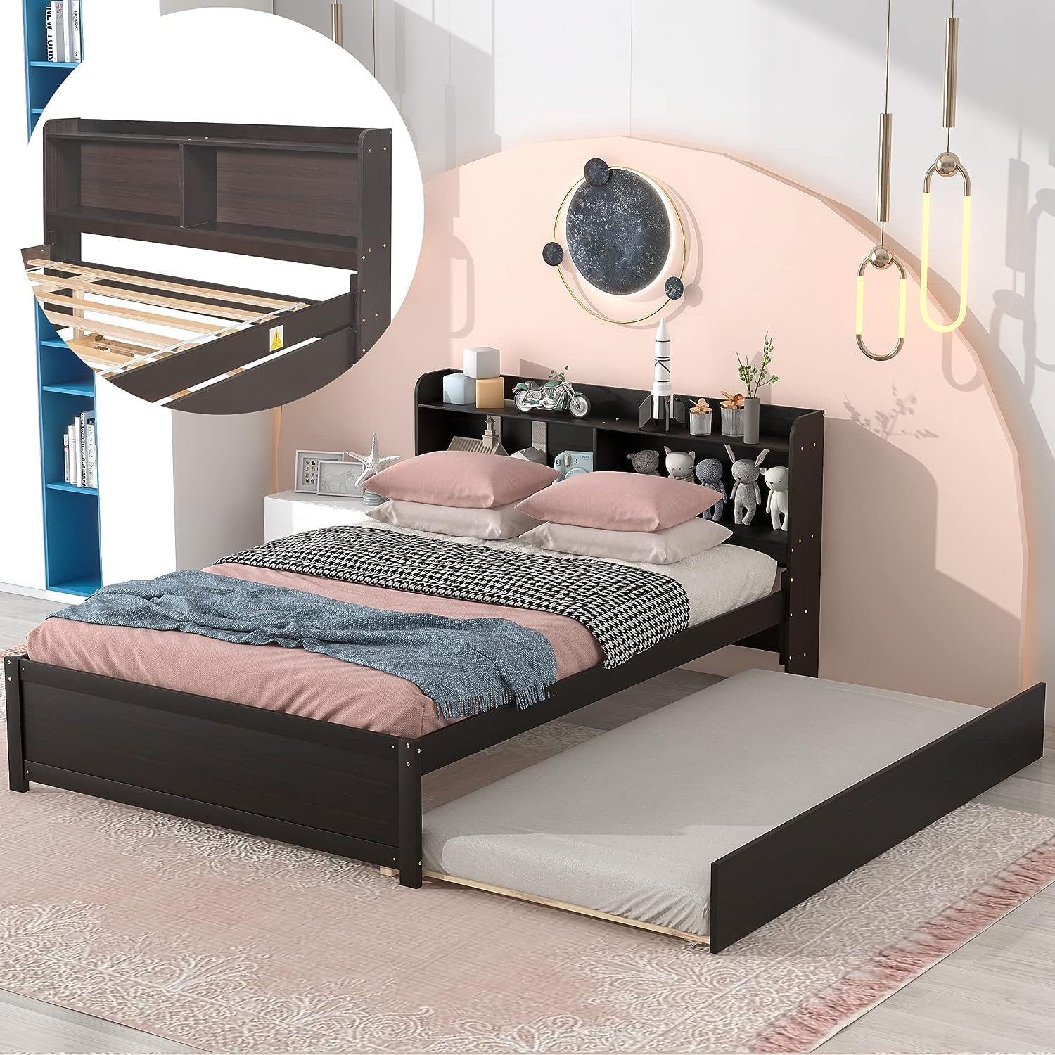 Full Bed Frame With Trundle, Full Trundle Bed With Bookcase Headboard, Wood Full Size Platform Bed With Trundle Bed Under For Kids Girls Boys, Espresso