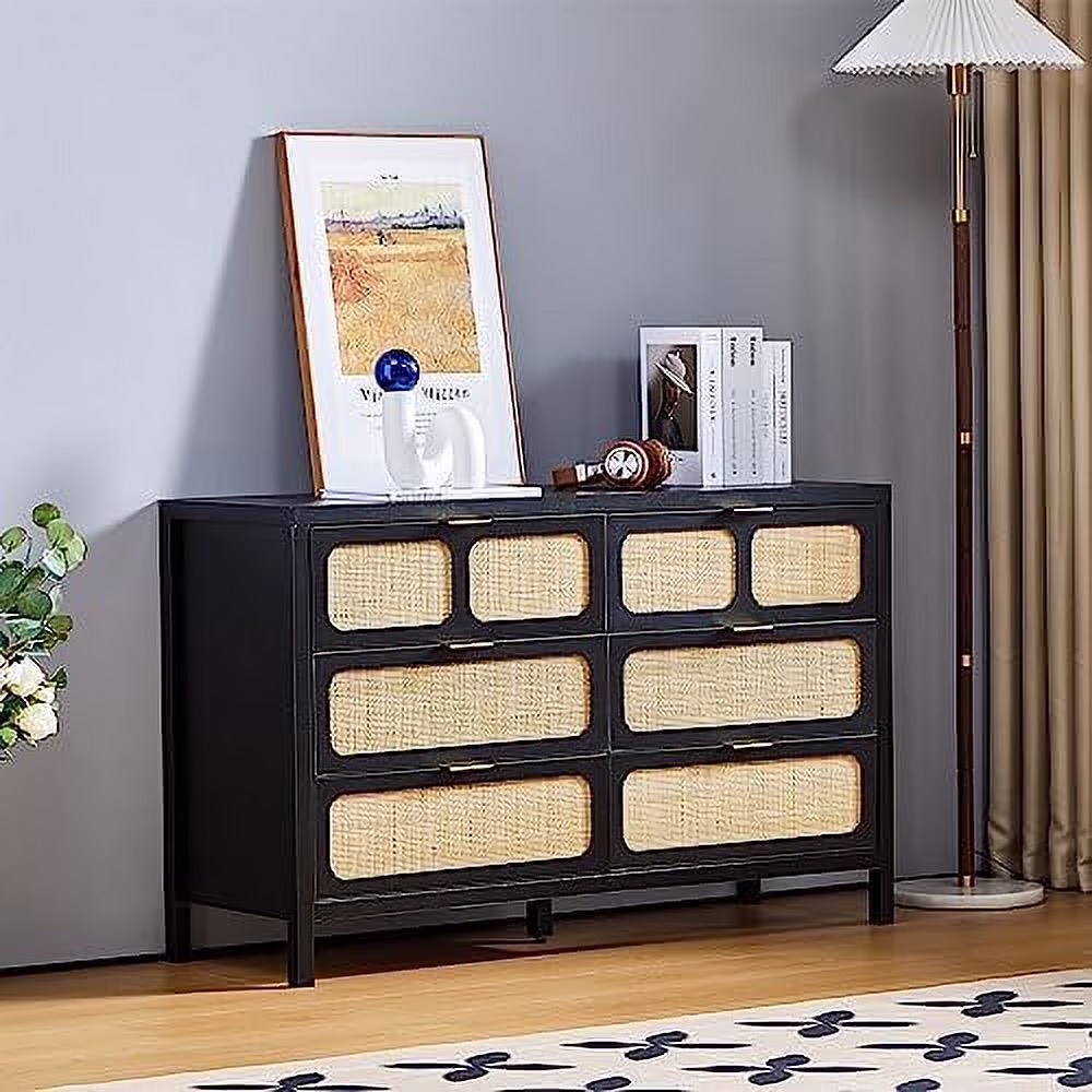 CCBIUOMBO 6 Drawer Dresser for Bedroom  Rattan Dresser Drawer Organizer with Metal Handles  Accent Wood Chest of Drawers for Entryway  Closet  Living Room  Hallway  Nursery (Walnut)