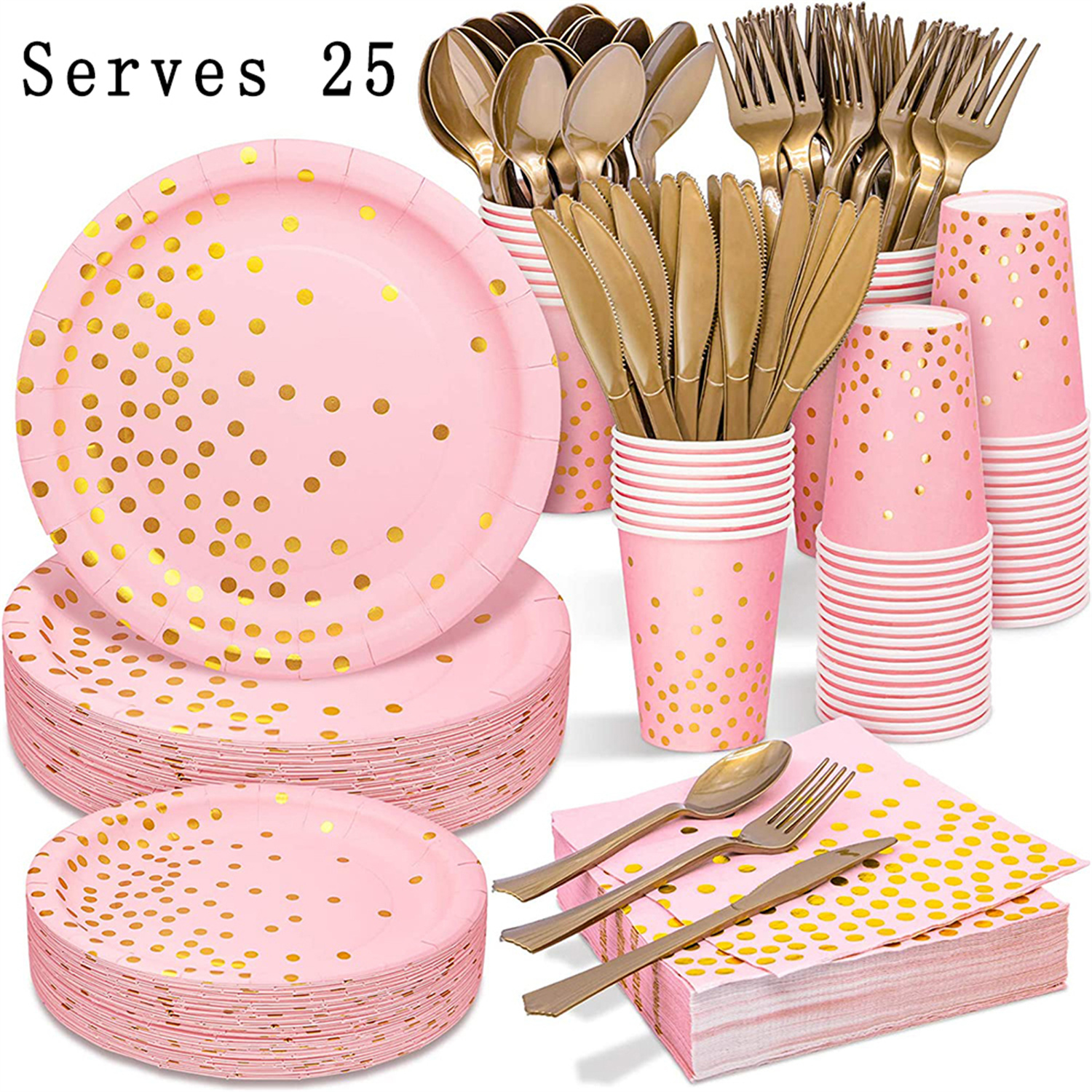 JSLEAP Disposable Tableware Set Dinner Plate, Cups, Paper Towel, Knife and Fork, Straw Party Supplies Are Suitable for 25 Guests