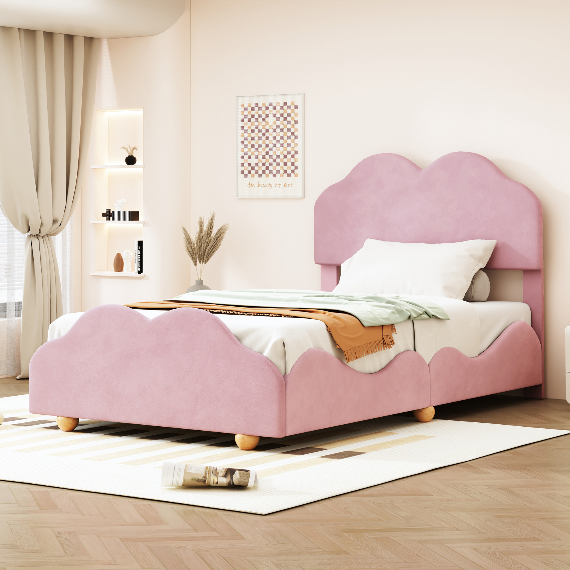Roxona Twin Size Bed Frame Upholstered Platform Bed with Cloud Shaped bed board, Light Pink