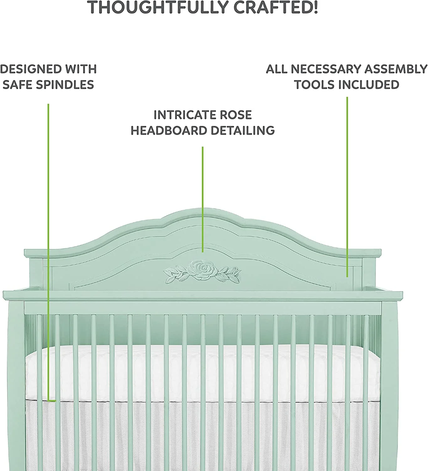 SweetPea Baby Rose 4-in-1 Convertible Crib in Seafoam Green, Baby Crib with Spindles, Greenguard Gold Certified, Easy Assembly, Sustainable New Zealand Pinewood Sea Foam Green