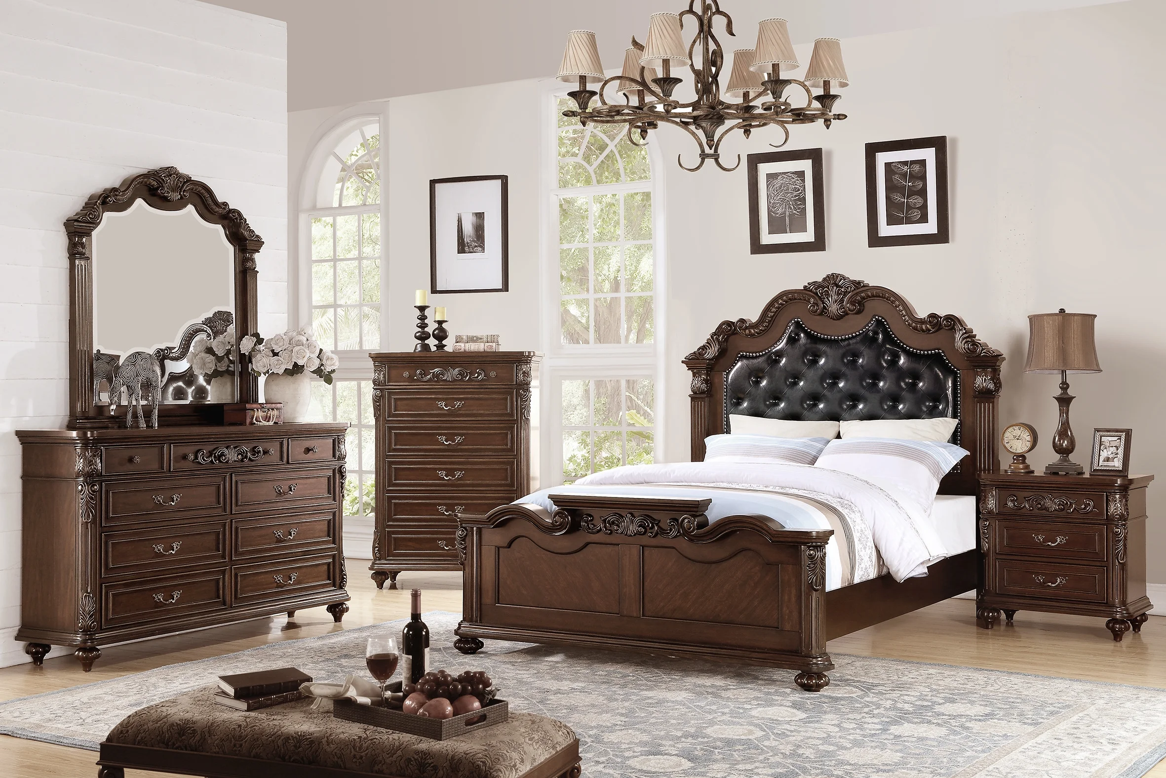 Luxurious 4pcs Bedroom Furniture Tufted HB Panel Eastern King Bed Dresser Mirror Nightstand Brown