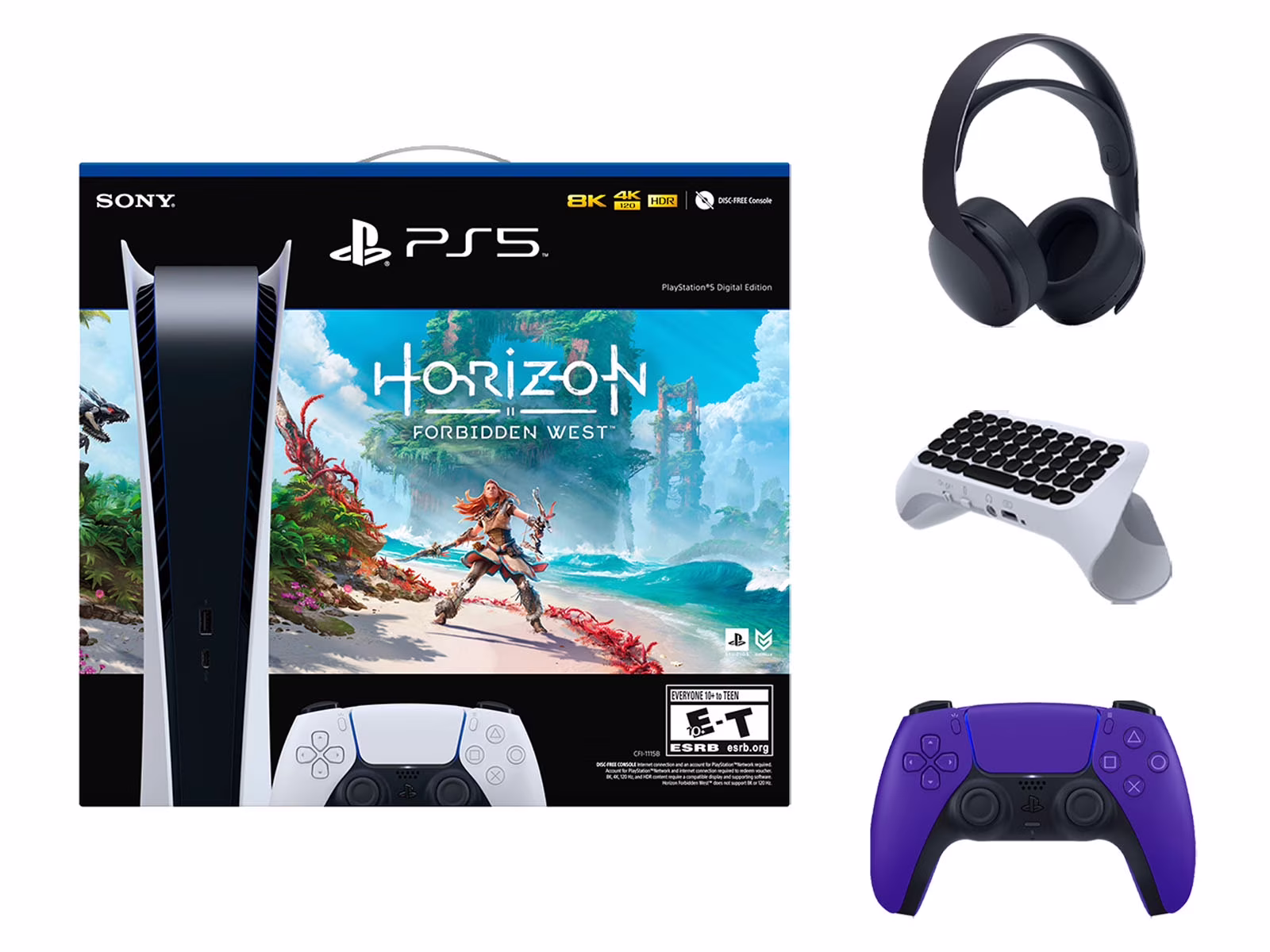 Sony Playstation 5 Digital Edition Horizon Forbidden West Bundle with Extra Purple Controller, Black PULSE 3D Wireless Headset and Surge QuickType 2.0 Wireless Keypad