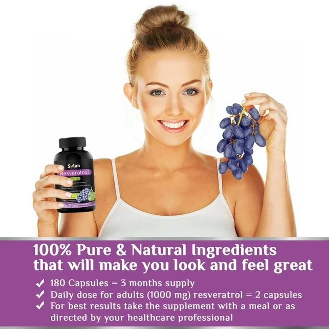 Sylan Trans Resveratrol Supplement Antioxidant 1000mg Anti-Aging Supplements 180 Capsules