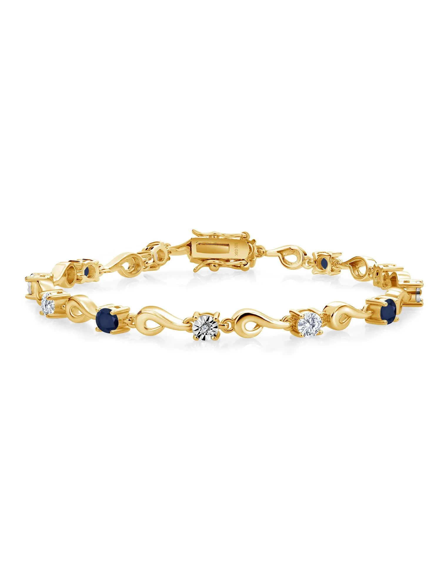 Gem Stone King 18K Yellow Gold Plated Silver Sky Blue Aquamarine and Blue Sapphire and White Lab Grown Diamond Bracelet For Women (2.67 Cttw, Gemstone March Birthstone, Round 4MM, 6.5 inch)