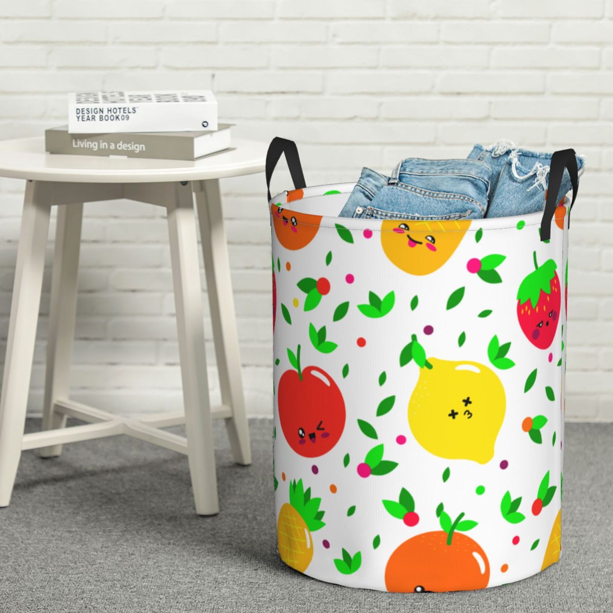 DouZhe Waterproof Collapsible Large Laundry Baskets, Cute Fruits Prints Circular Hamper with Handles