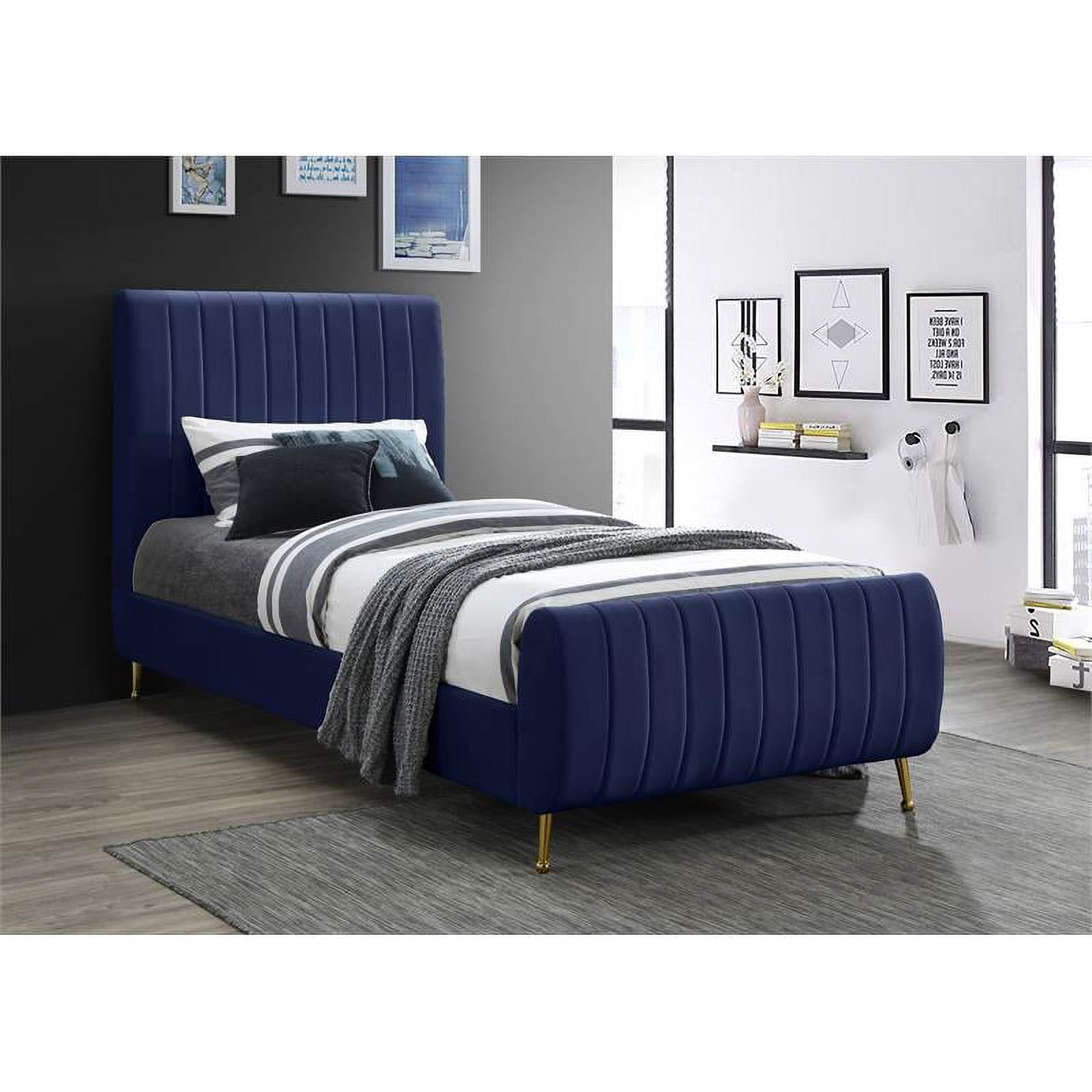 Maklaine Contemporary Upholstery Navy Velvet Twin Bed