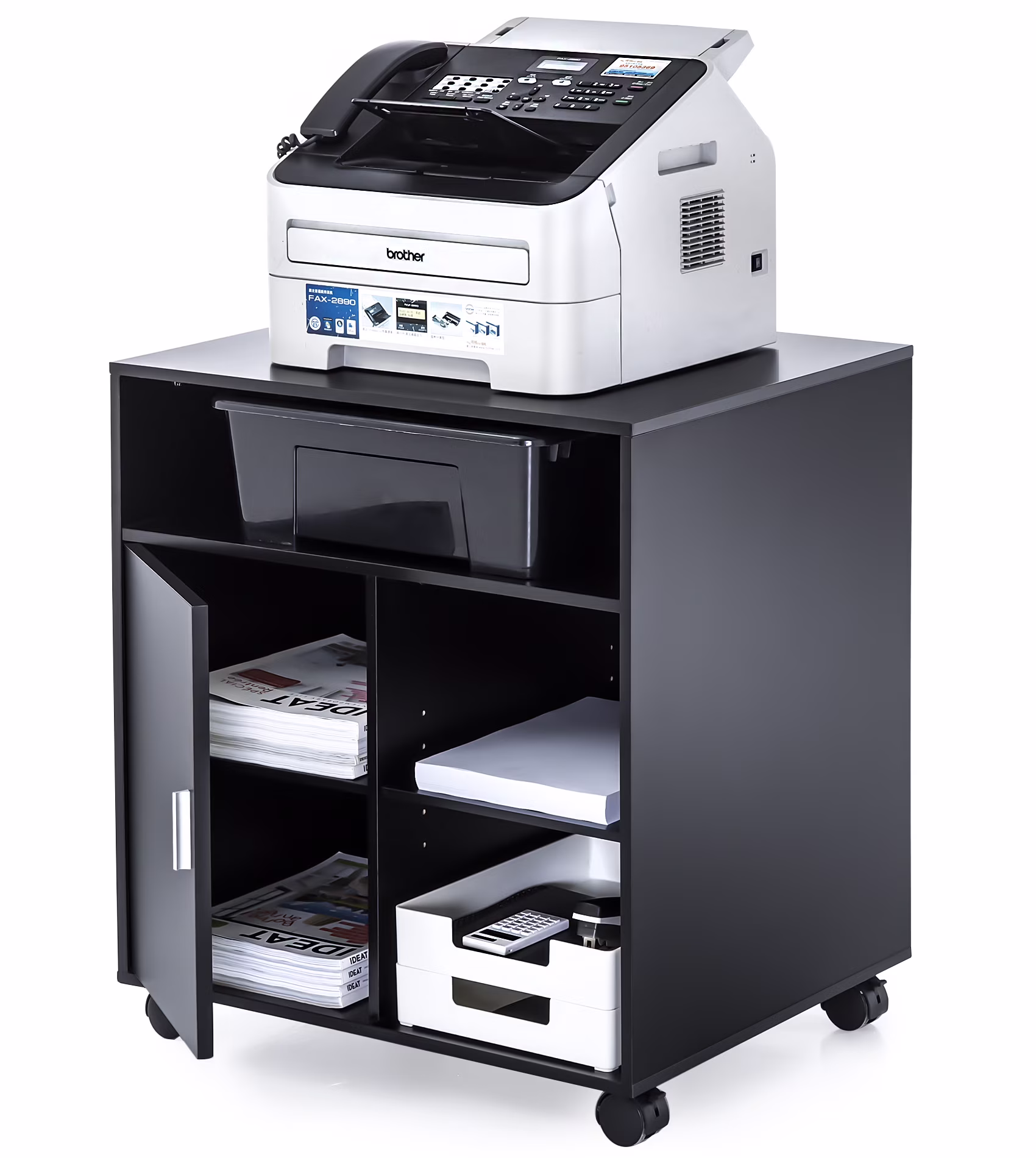 FITUEYES Printer Stand with Storage Adjustable Shelves, Wood Mobile Cart with Door, Rolling File Cabinet on Wheels for Home Office, Black