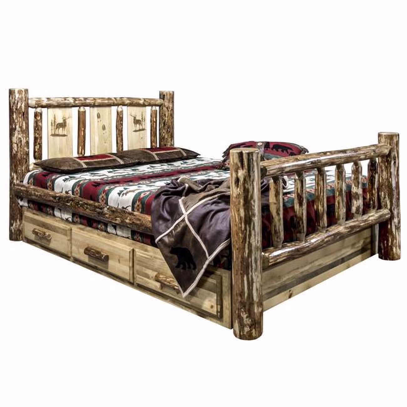 Glacier Country Storage Bed with Laser Engraved Elk Design - Full Size