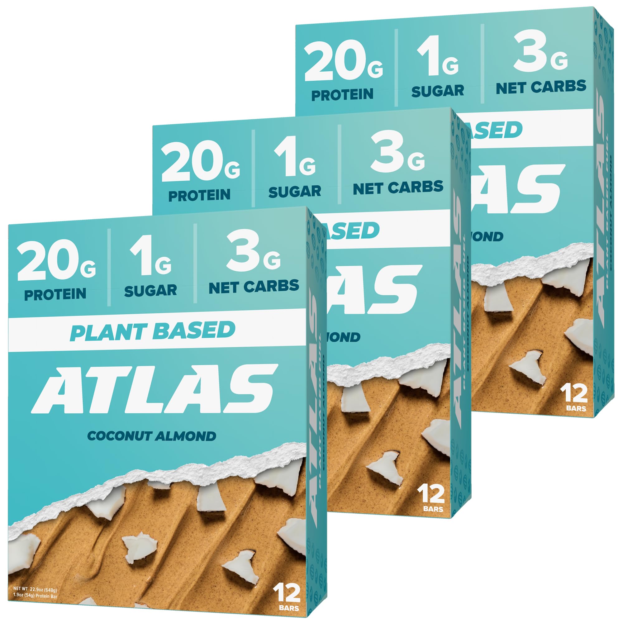 Atlas Protein Bar, 20g Plant Protein, 1g Sugar, Clean Ingredients, Gluten Free Coconut Almond, 12 Count (Pack of 3))